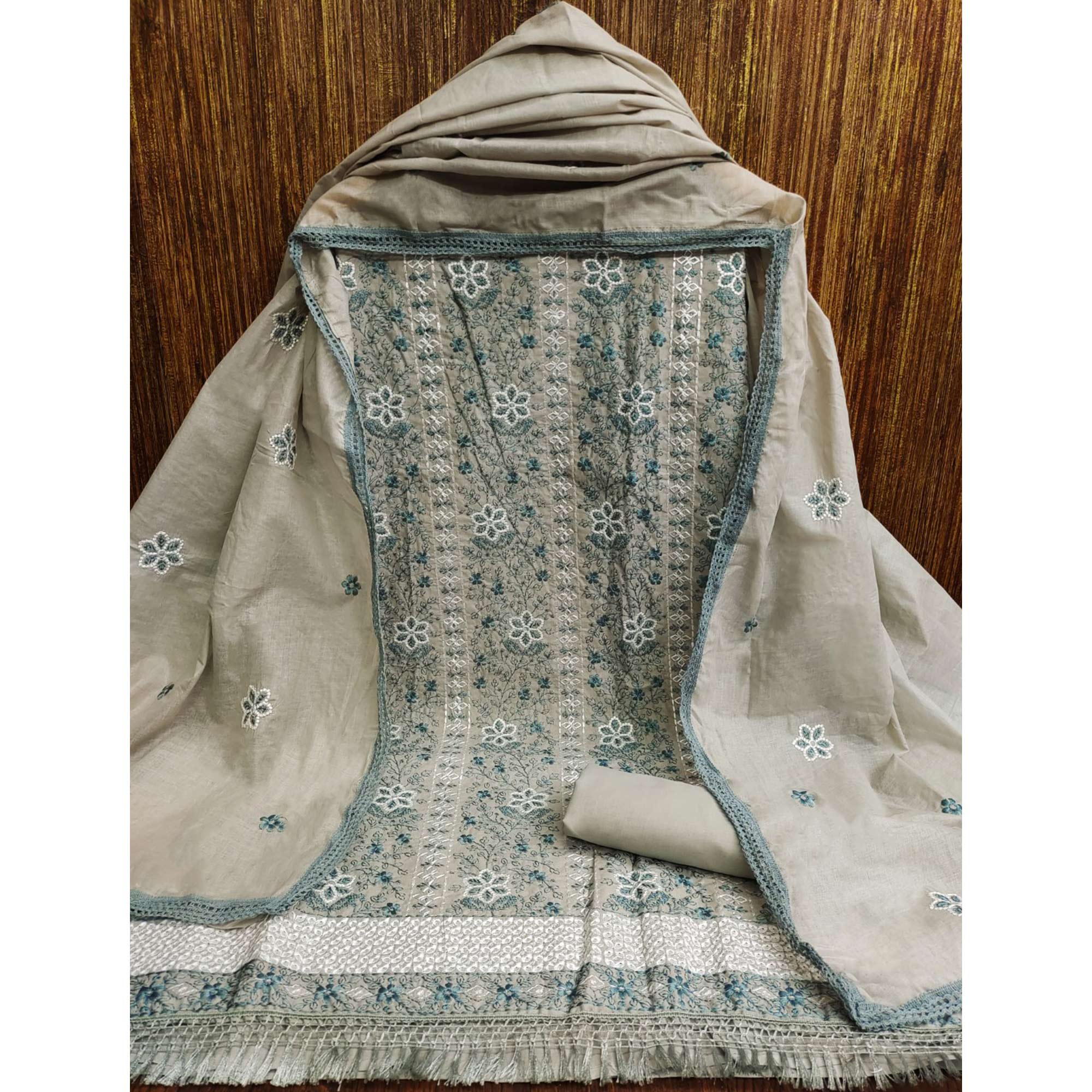 Grey Floral Embroidered Pure Cotton Dress Material