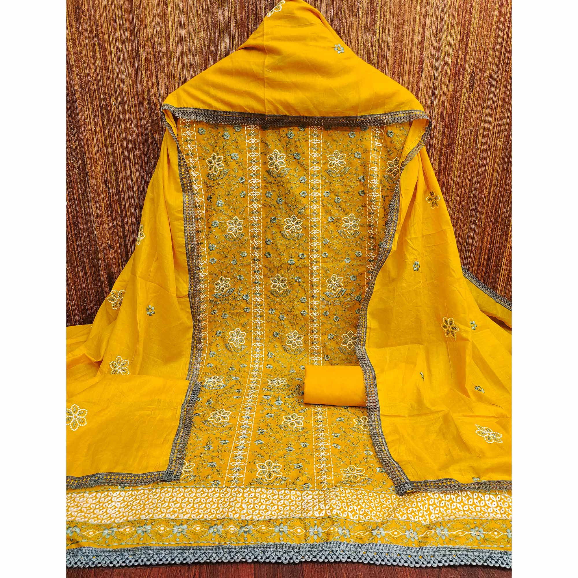 Mustard Floral Embroidered Pure Cotton Dress Material