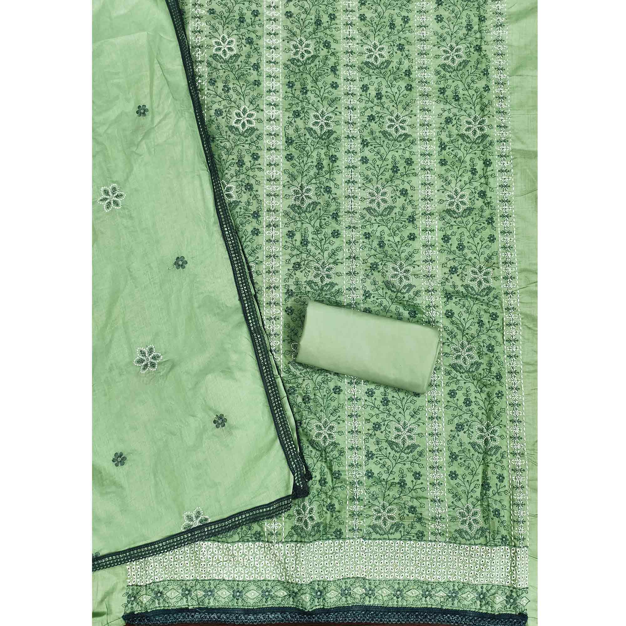 Pista Green Floral Embroidered Pure Cotton Dress Material