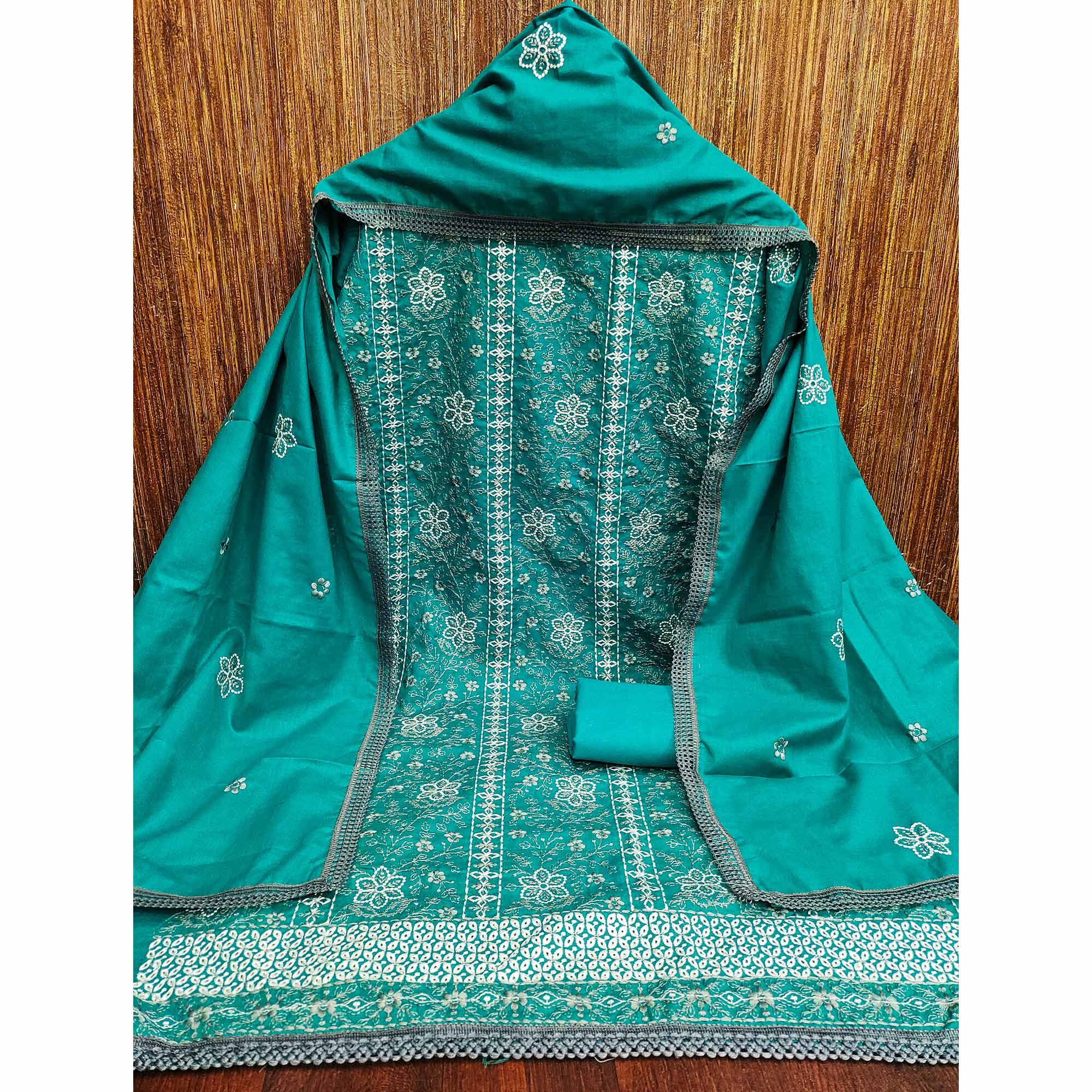 Rama Blue Floral Embroidered Pure Cotton Dress Material