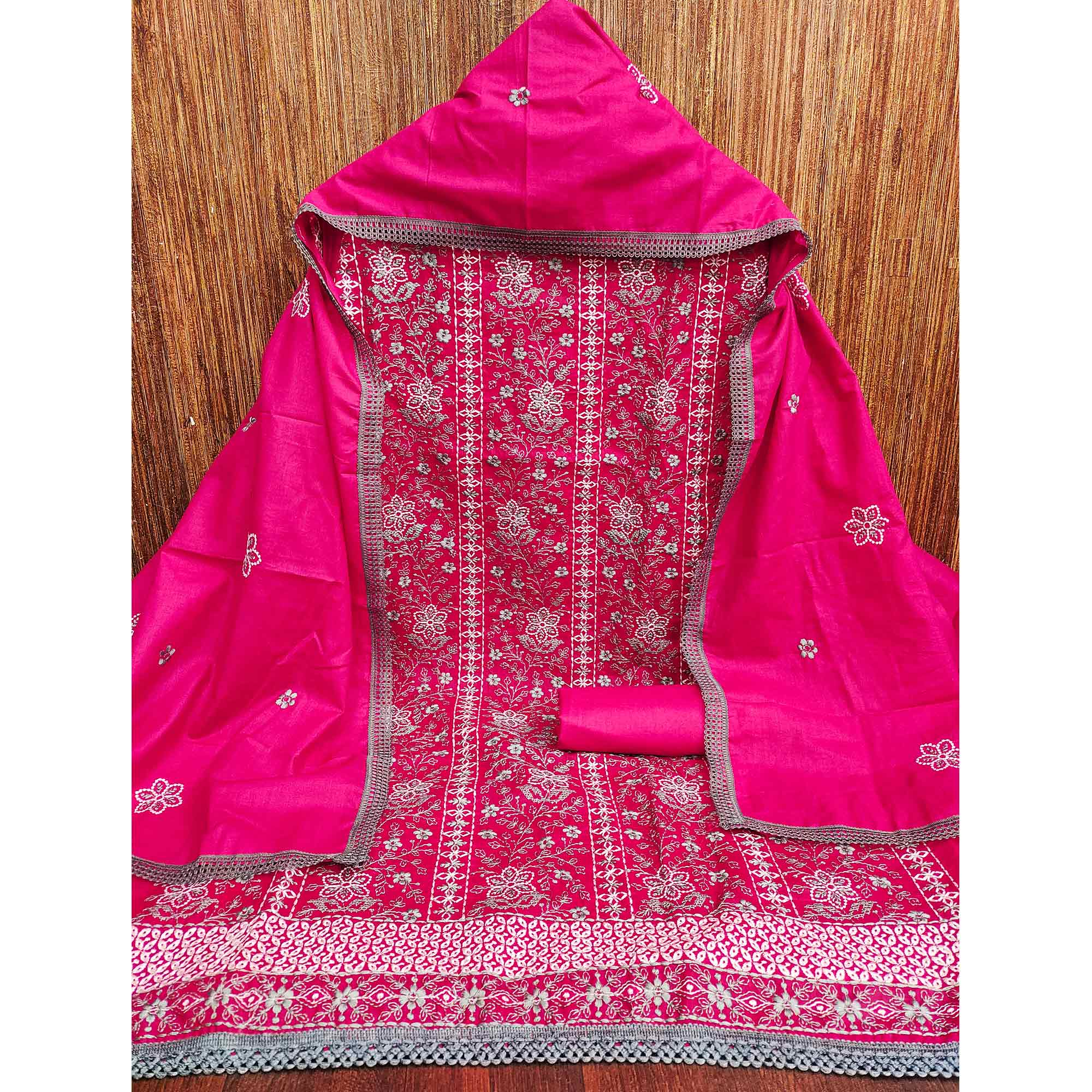 Rani Pink Floral Embroidered Pure Cotton Dress Material