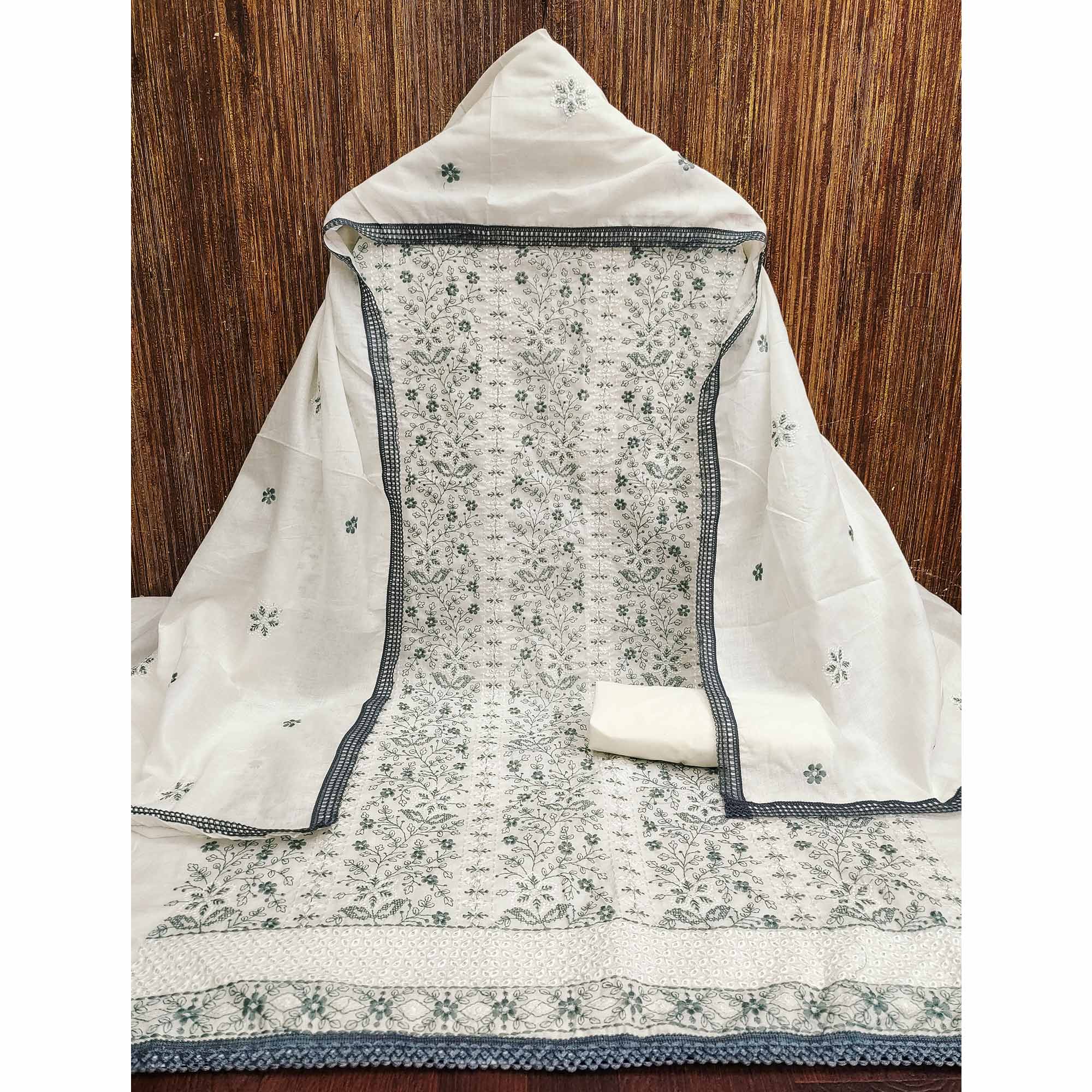 White Cotton Suit Fabric with Embroidered Floral Patterns