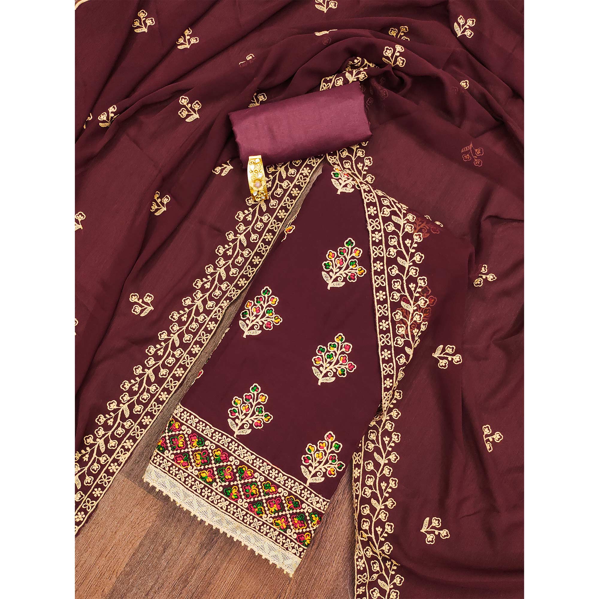 Maroon Floral Embroidered Georgette Dress Material