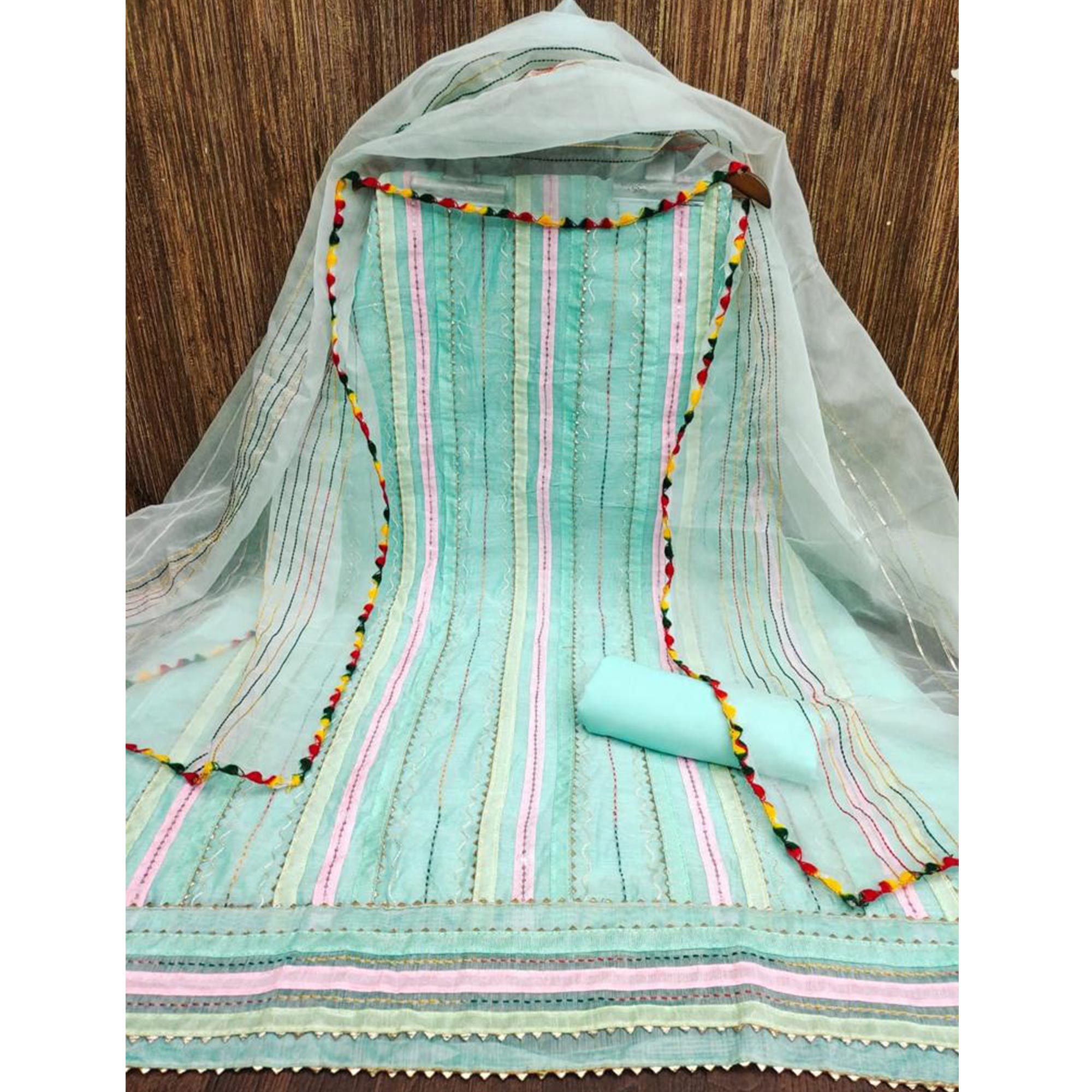 Turquoise Sequins Embroidered Chanderi Dress Material