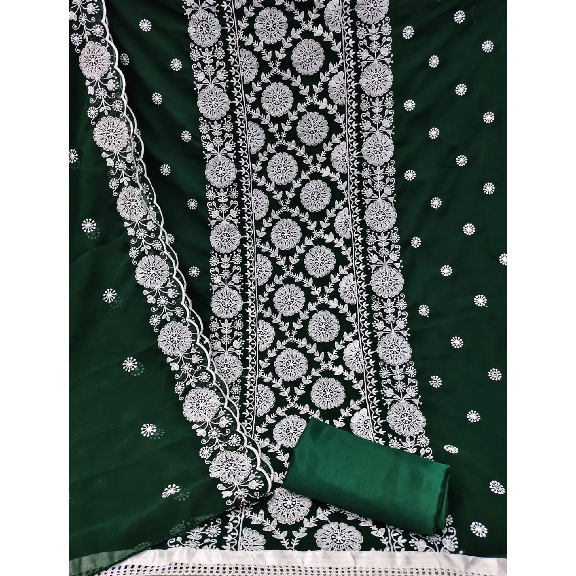 Green Floral Embroidered Georgette Dress Material