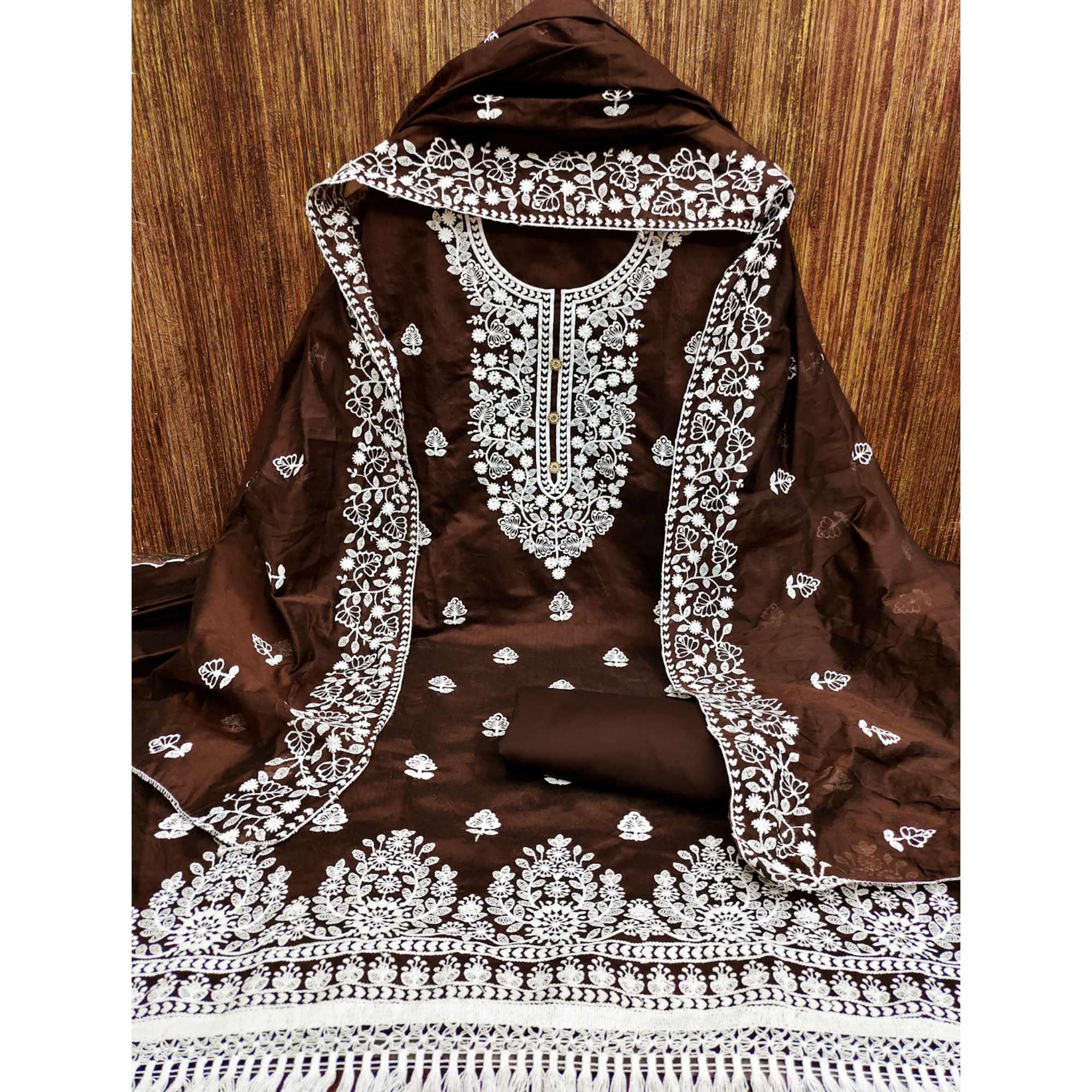 Brown Floral Embroidered Chanderi Cotton Dress Material