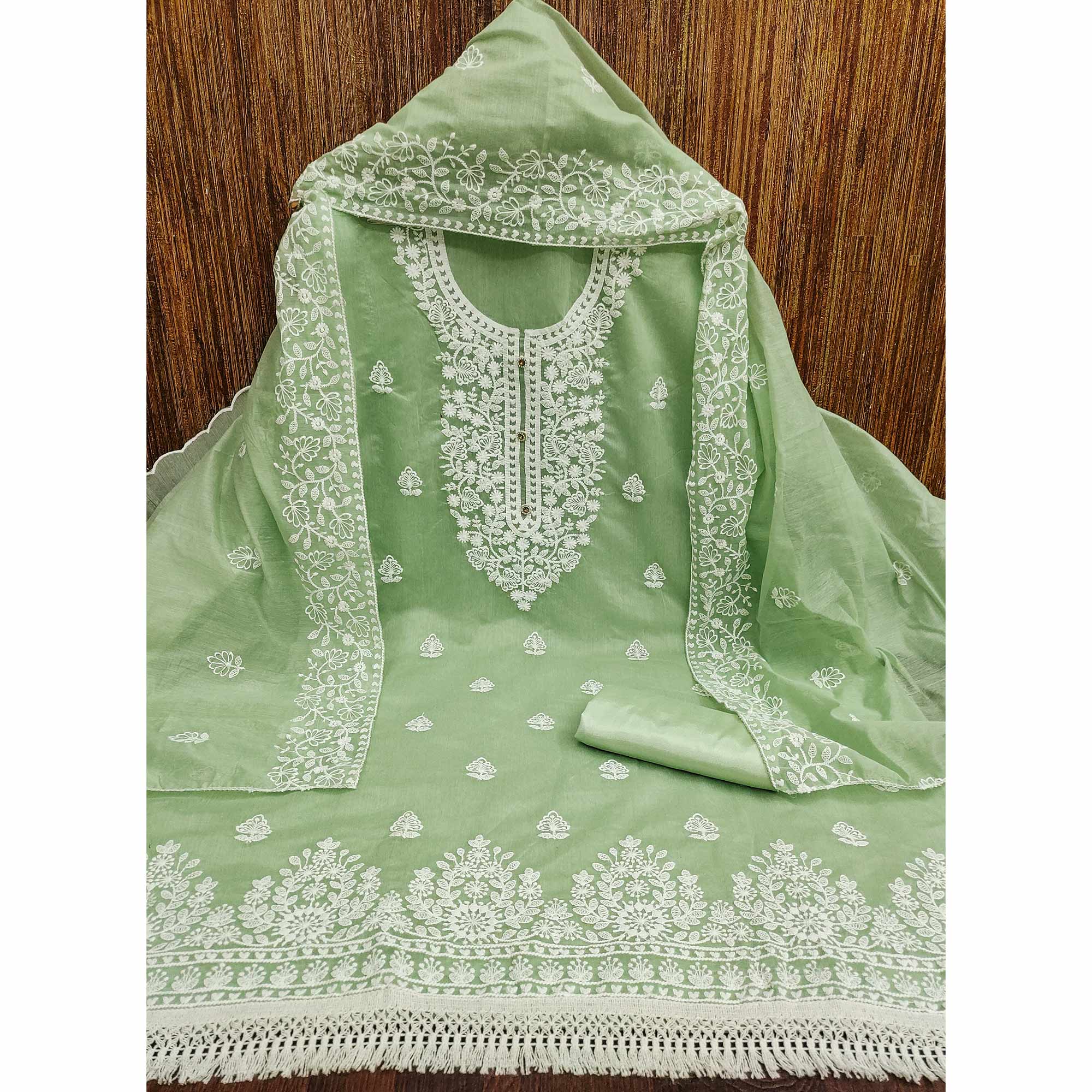 Green Floral Embroidered Chanderi Cotton Dress Material