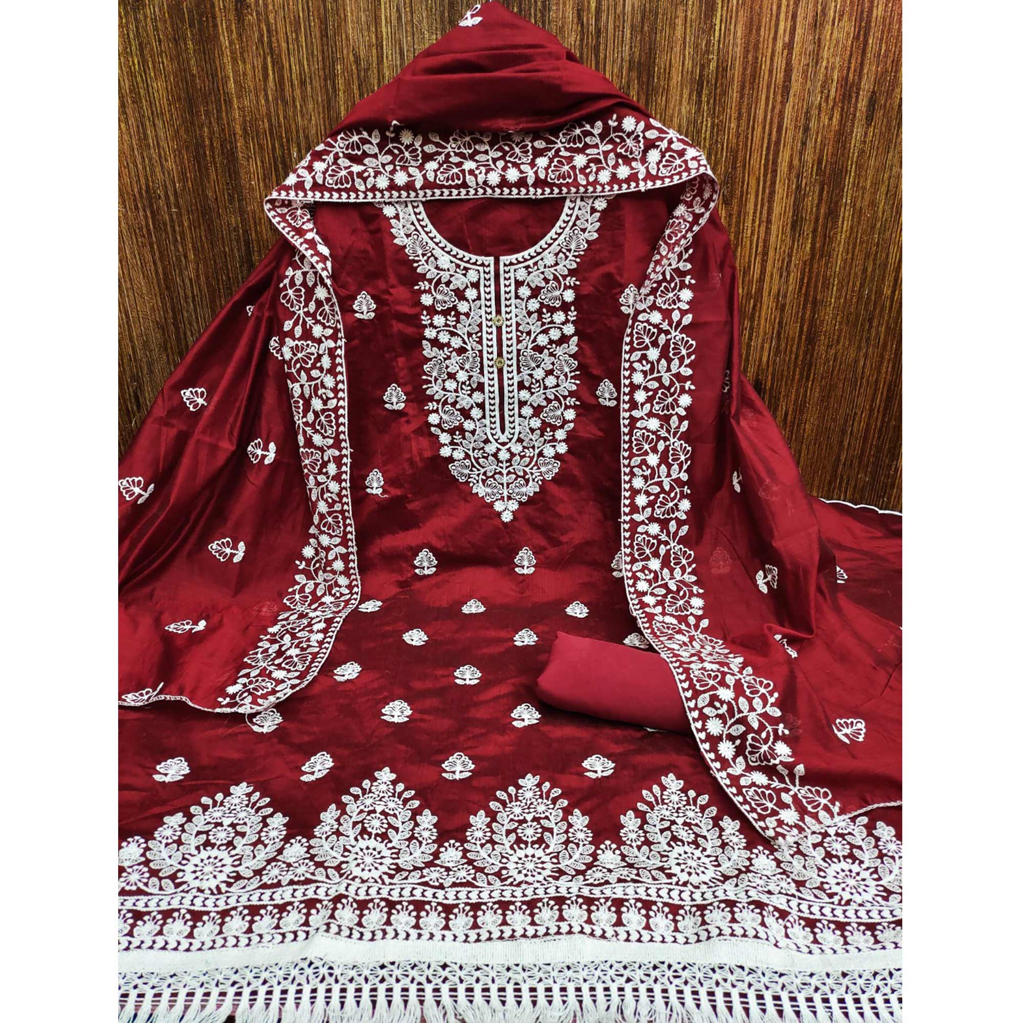 Maroon Floral Embroidered Chanderi Cotton Dress Material