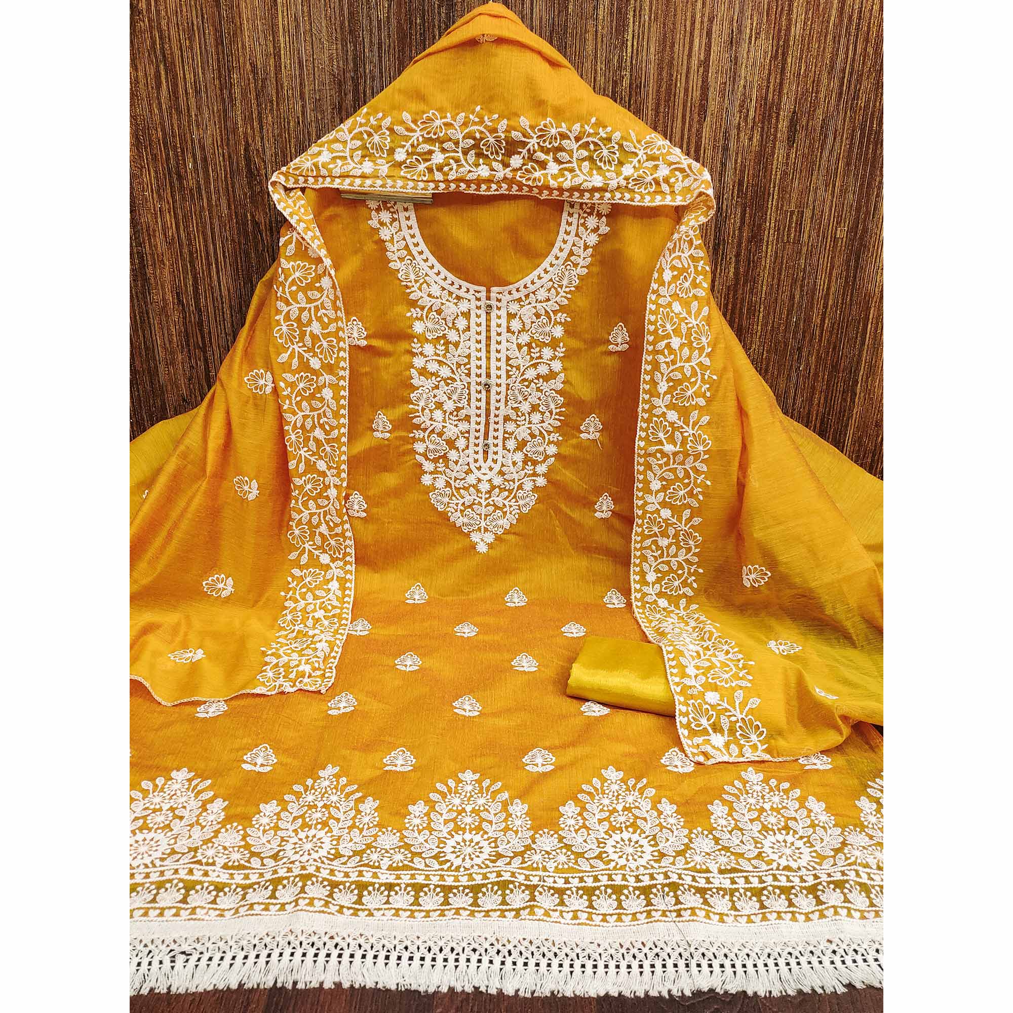 Mustard Floral Embroidered Chanderi Cotton Dress Material