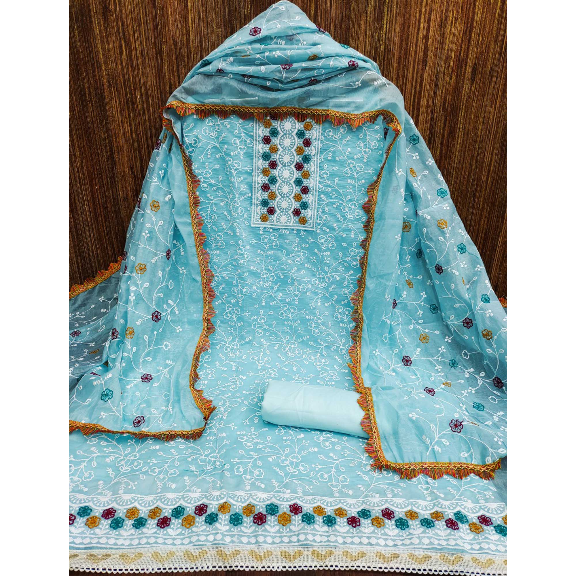 Sky Blue Chanderi Cotton Dress Material With Floral Thread Embroidery