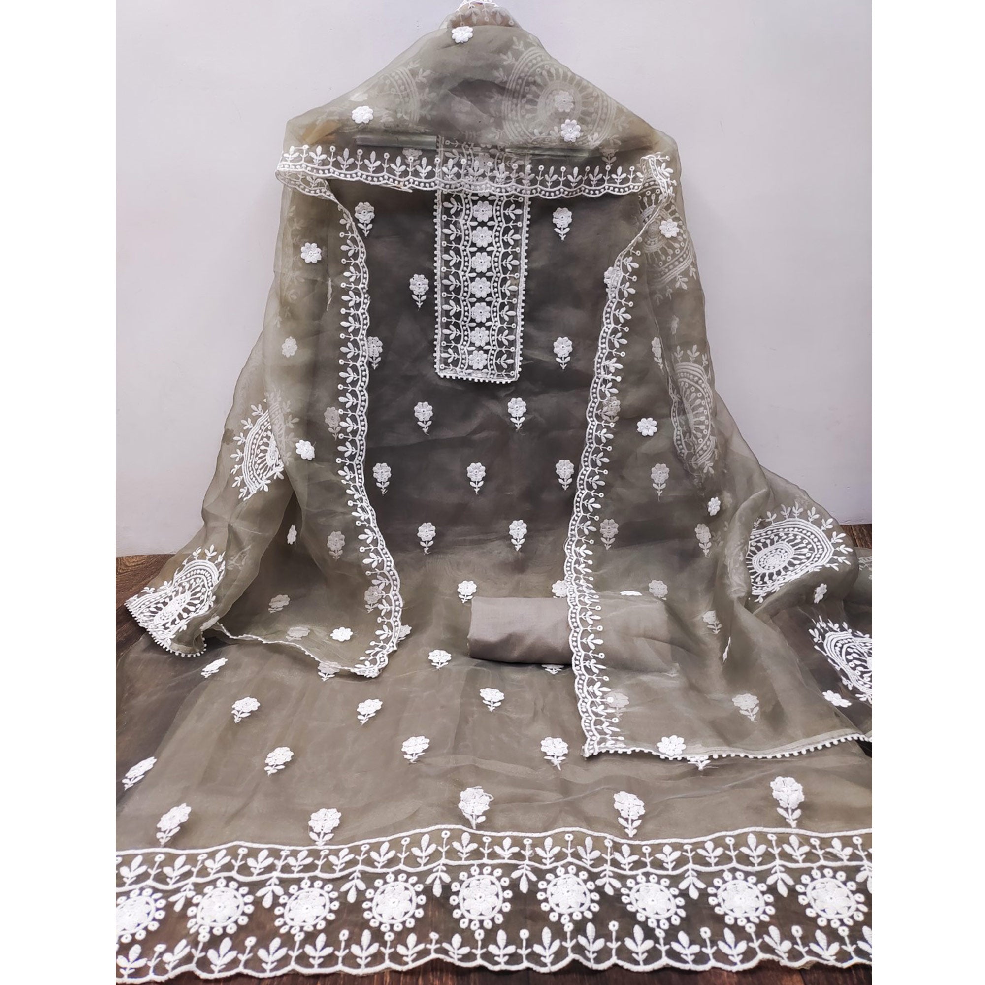 Grey Organza Dress Material With Intricate Floral Thread Embroidery