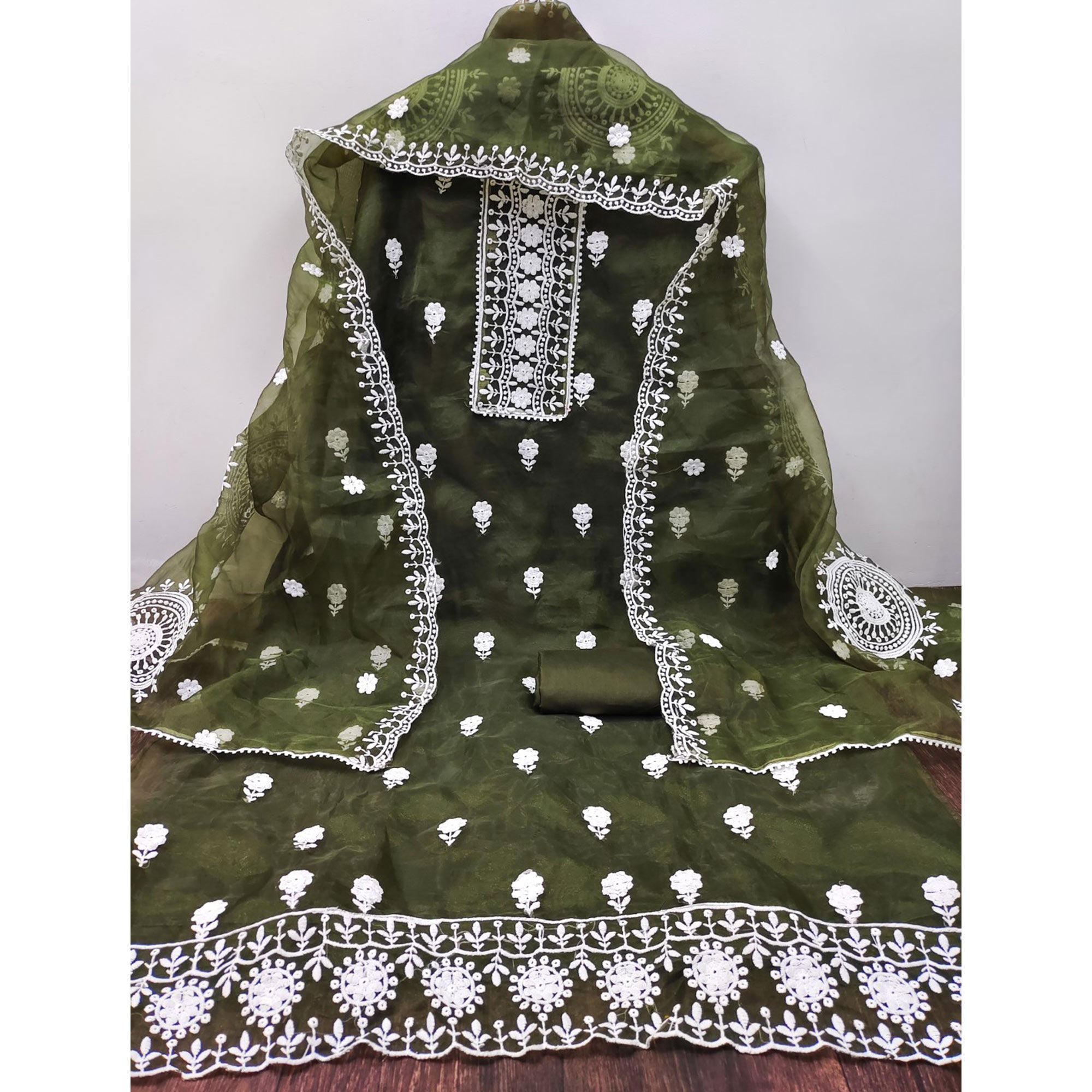 Mehendi Green Organza Dress Material With Intricate Floral Thread Embroidery