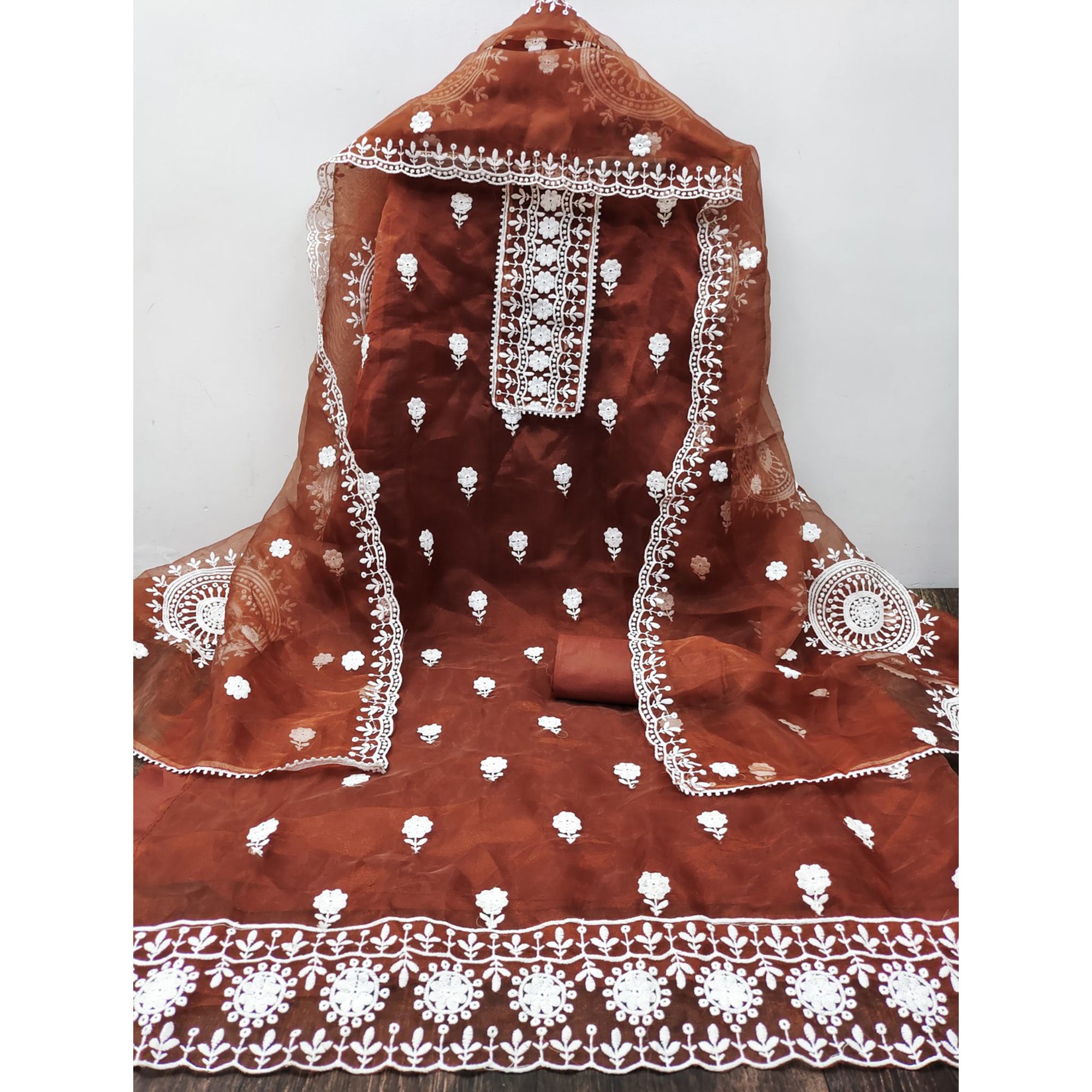Rust Organza Dress Material With Intricate Floral Thread Embroidery