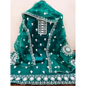 Teal Organza Dress Material With Intricate Floral Thread Embroidery