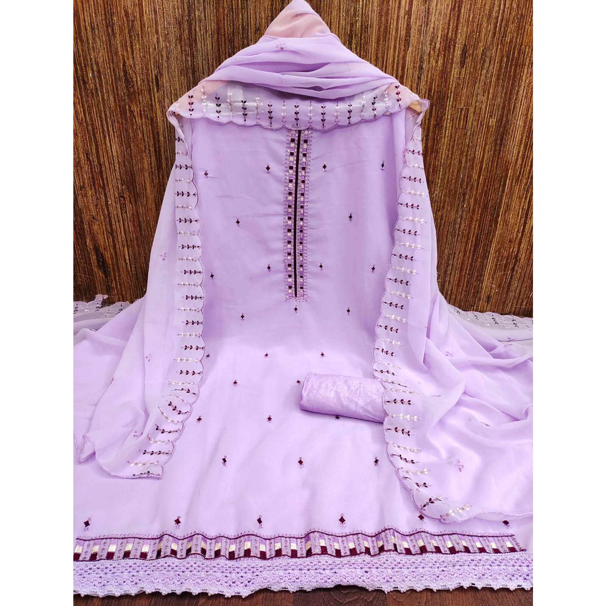 Lavender Sequins & Thread Embroidered Georgette Dress Material