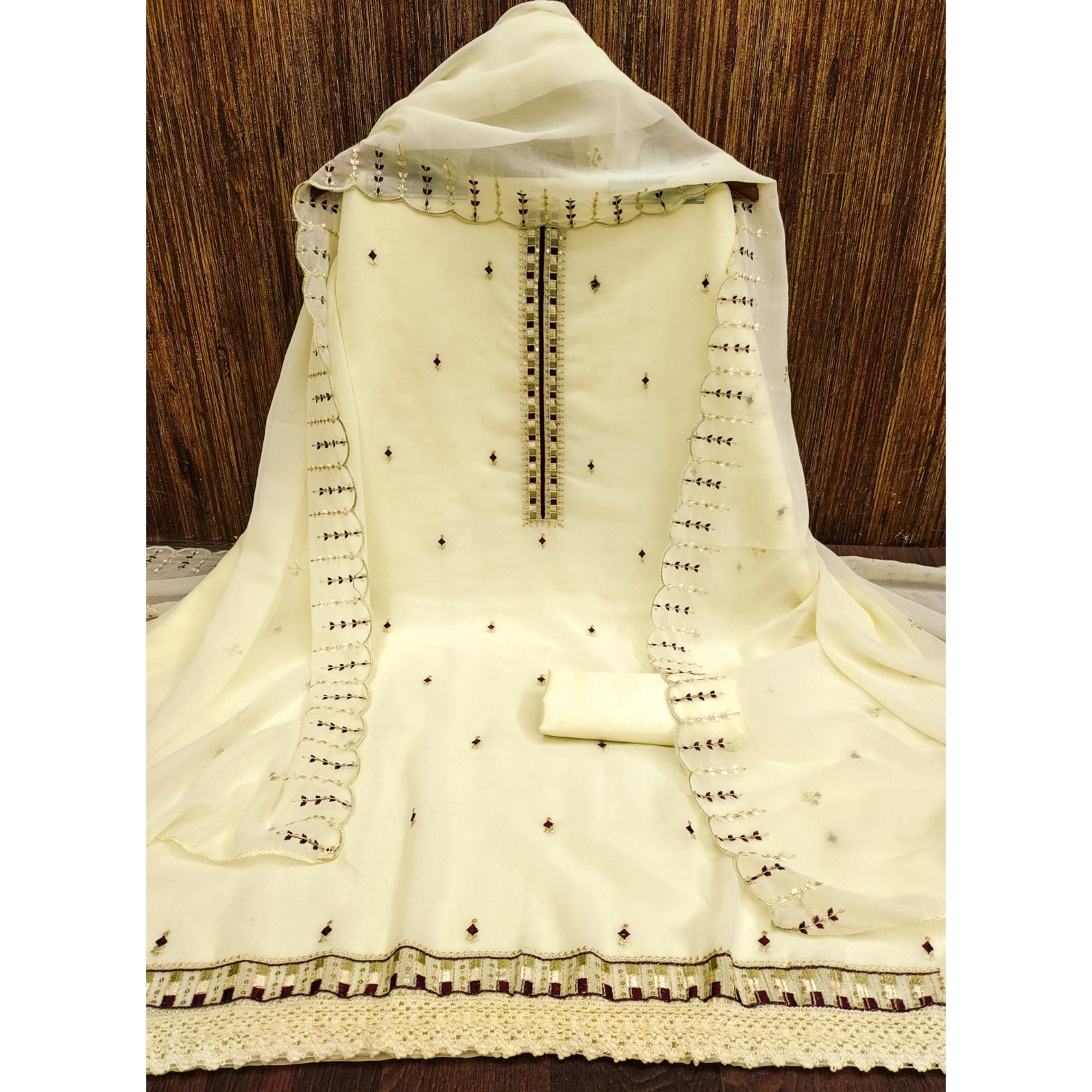 Light Yellow Sequins & Thread Embroidered Georgette Dress Material