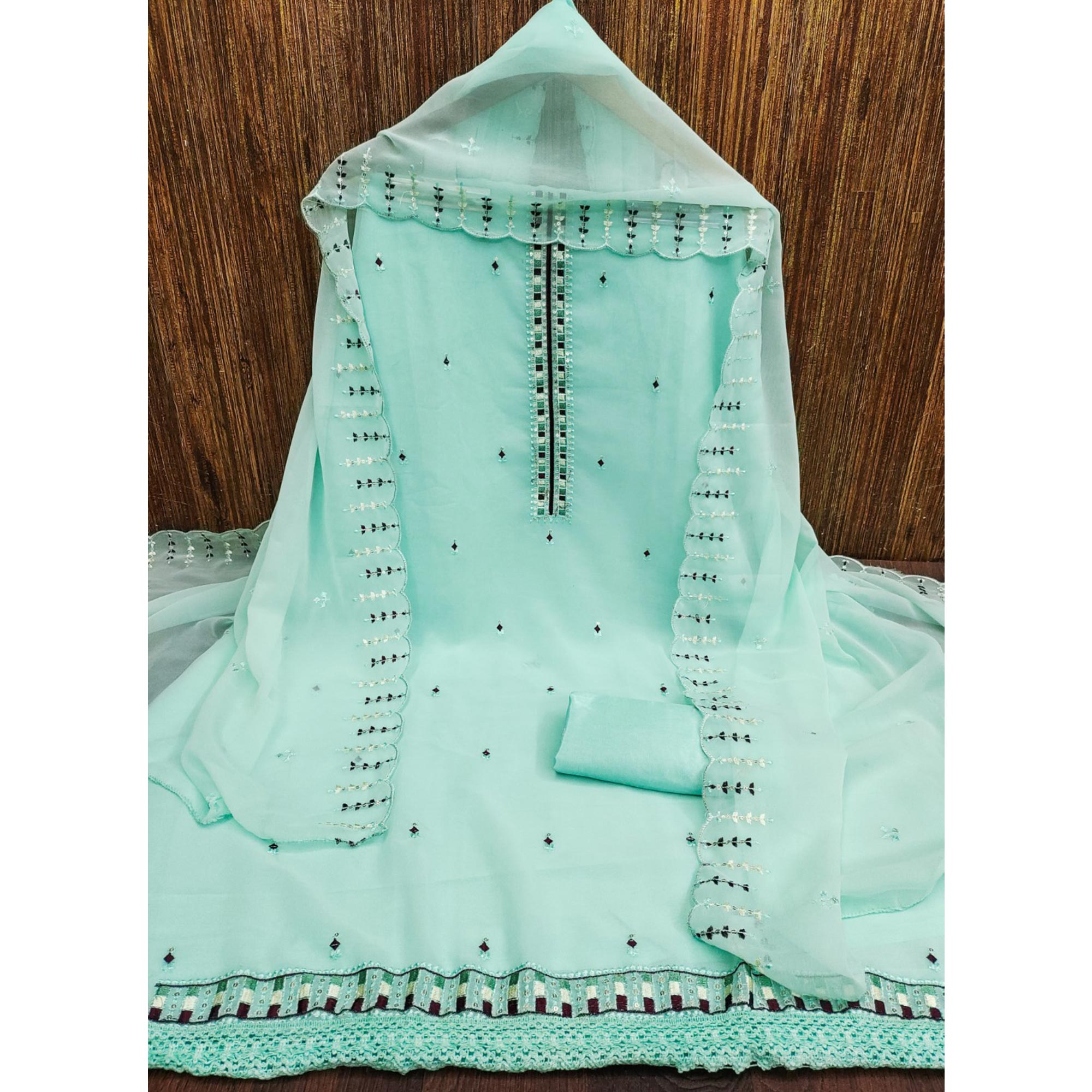 Turquoise Sequins & Thread Embroidered Georgette Dress Material