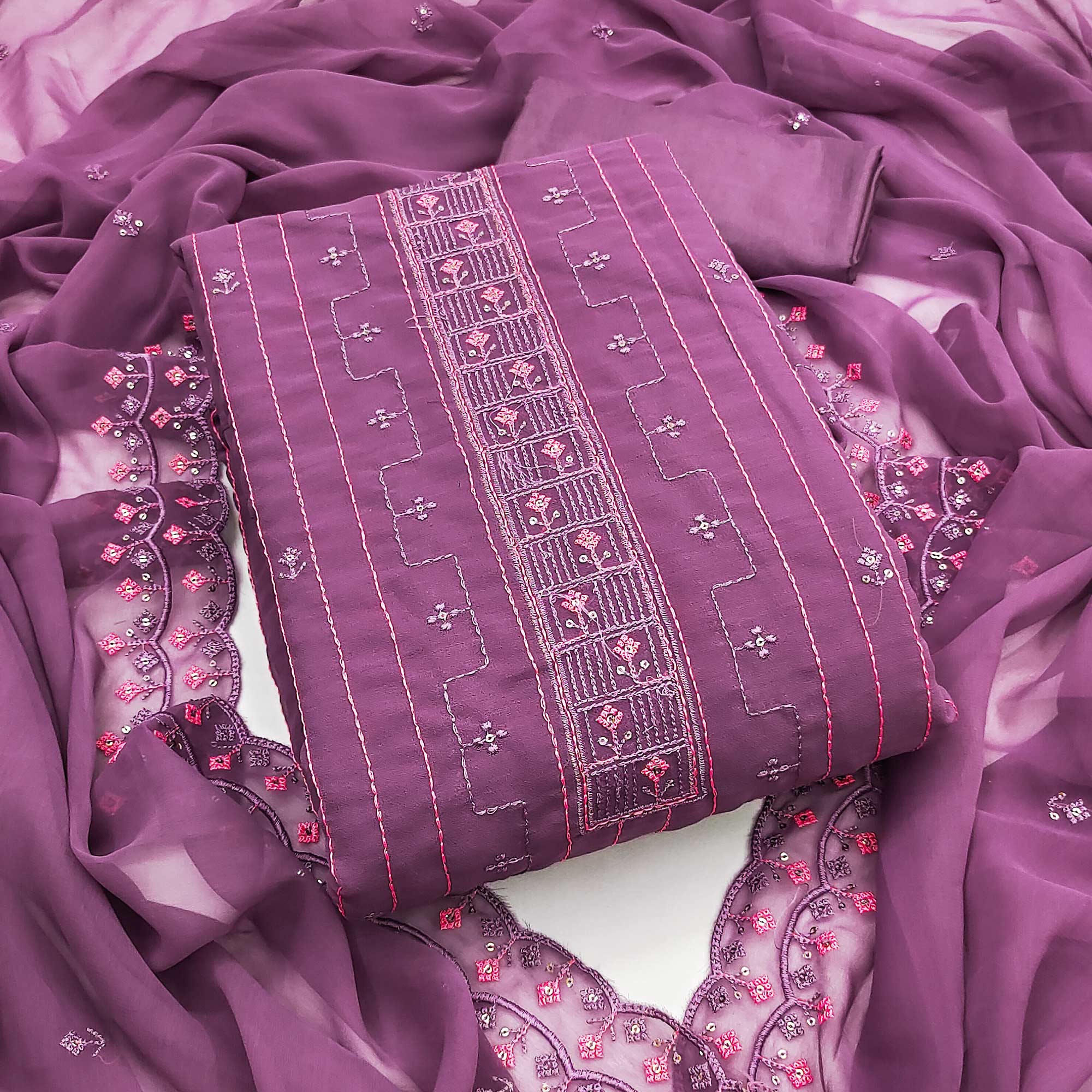 Light Purple Sequins Embroidered Georgette Dress Material