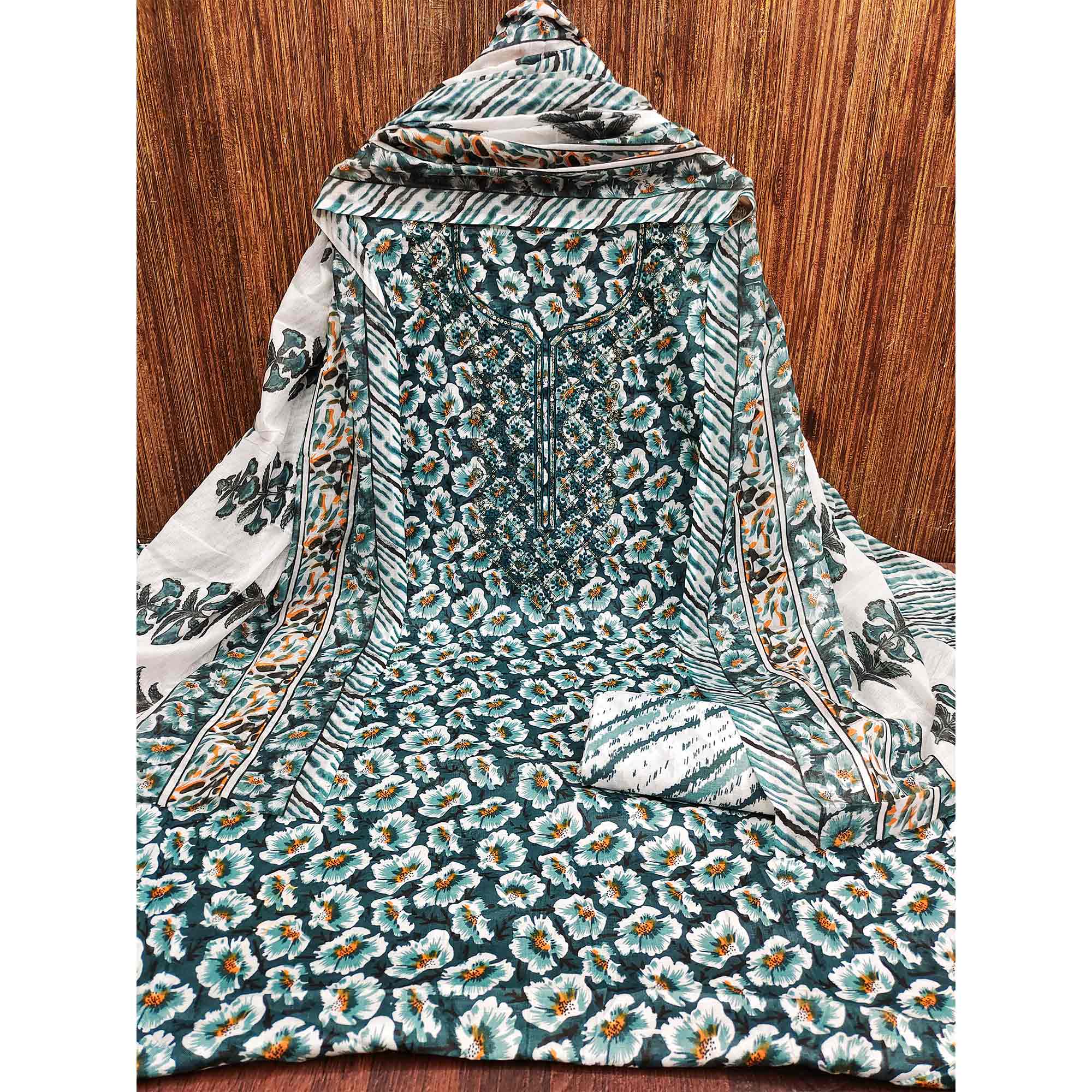 Morpich Printed With Embroidered Cotton Blend Dress Material