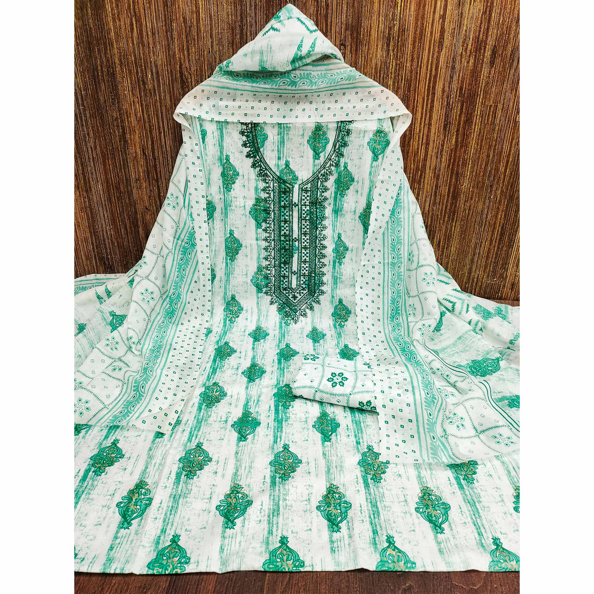 Green Printed With Embroidered Cotton Blend Dress Material