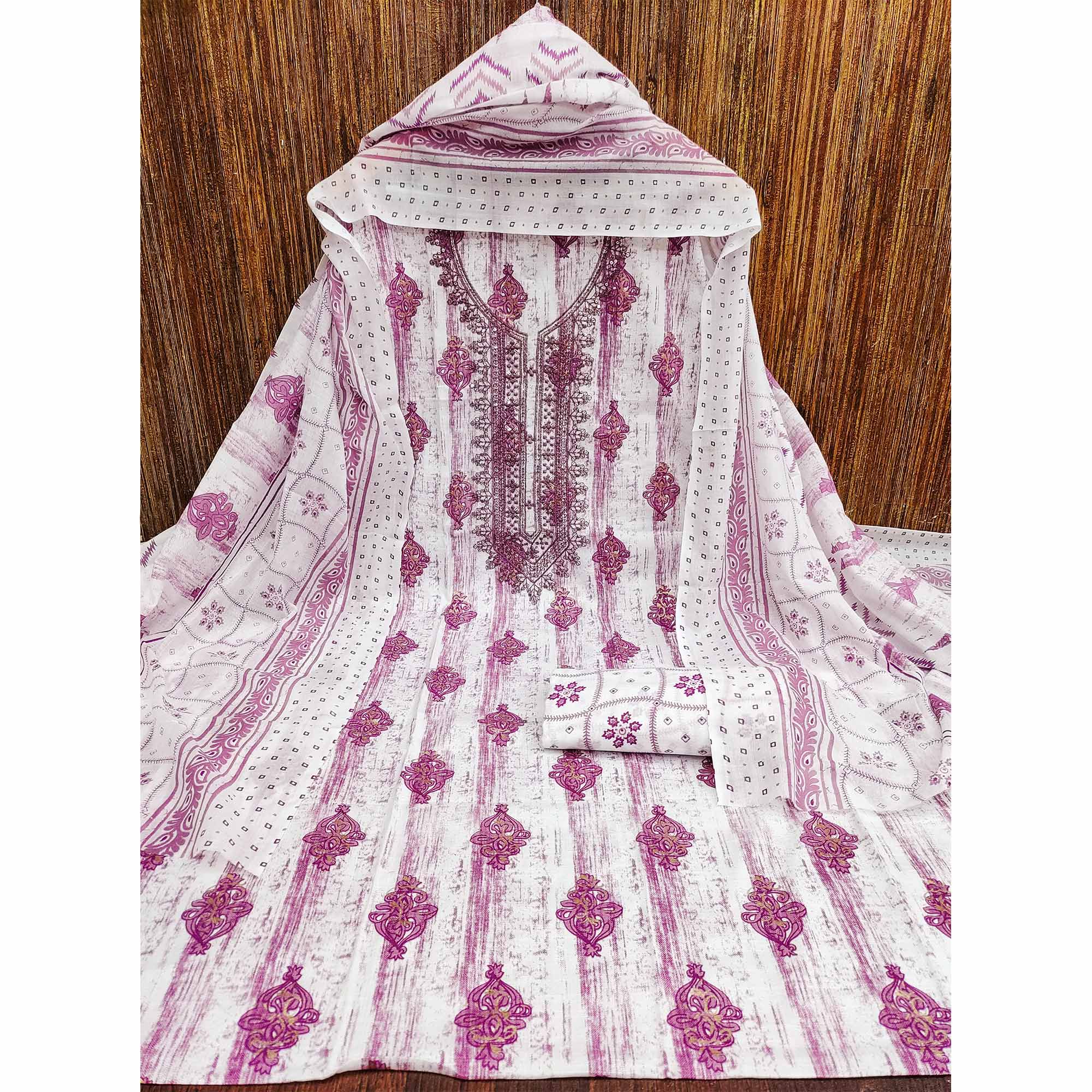 Purple Printed With Embroidered Cotton Blend Dress Material