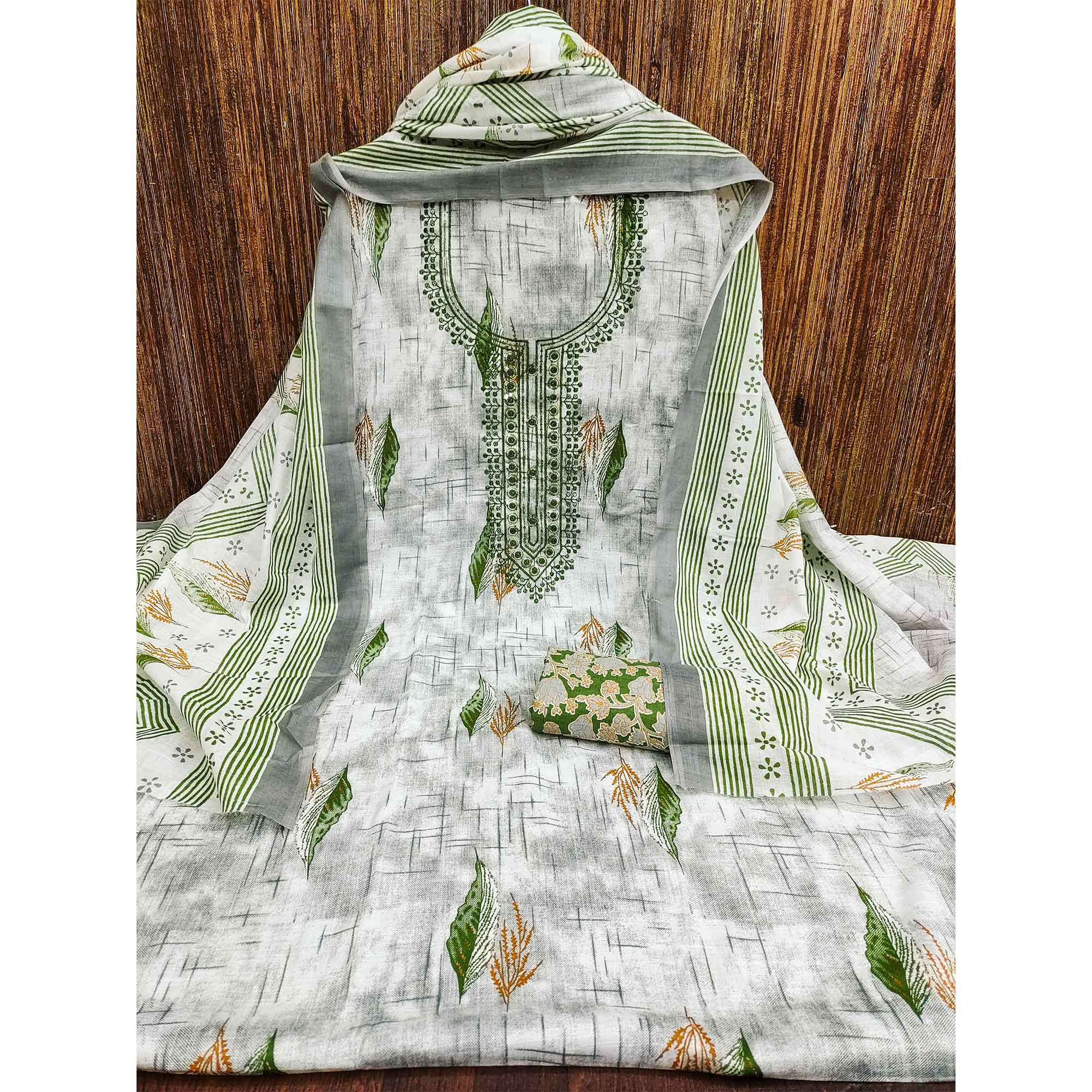 Green Floral Printed With Embroidered Cotton Blend Dress Material