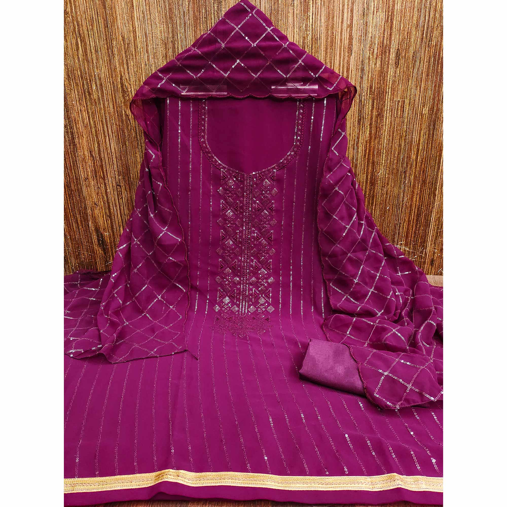 Purple Sequins Embroidered Georgette Dress Material