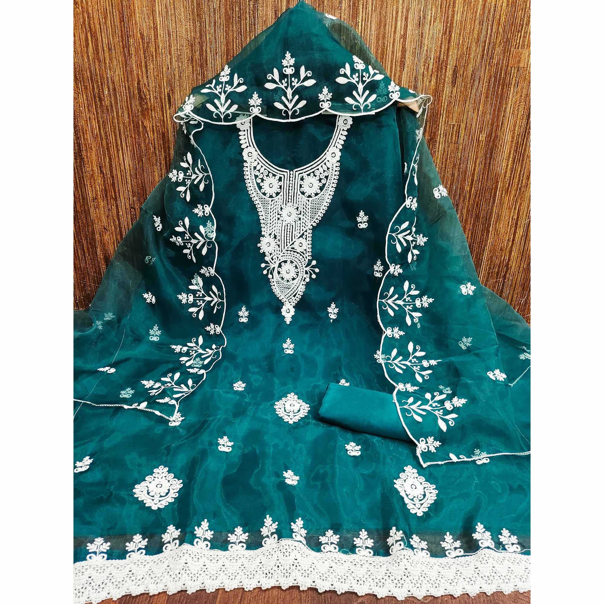 Teal Floral Embroidered Organza Dress Material