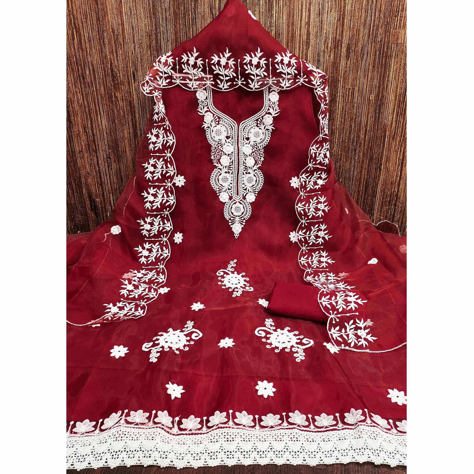 Maroon Floral Embroidered Organza Dress Material