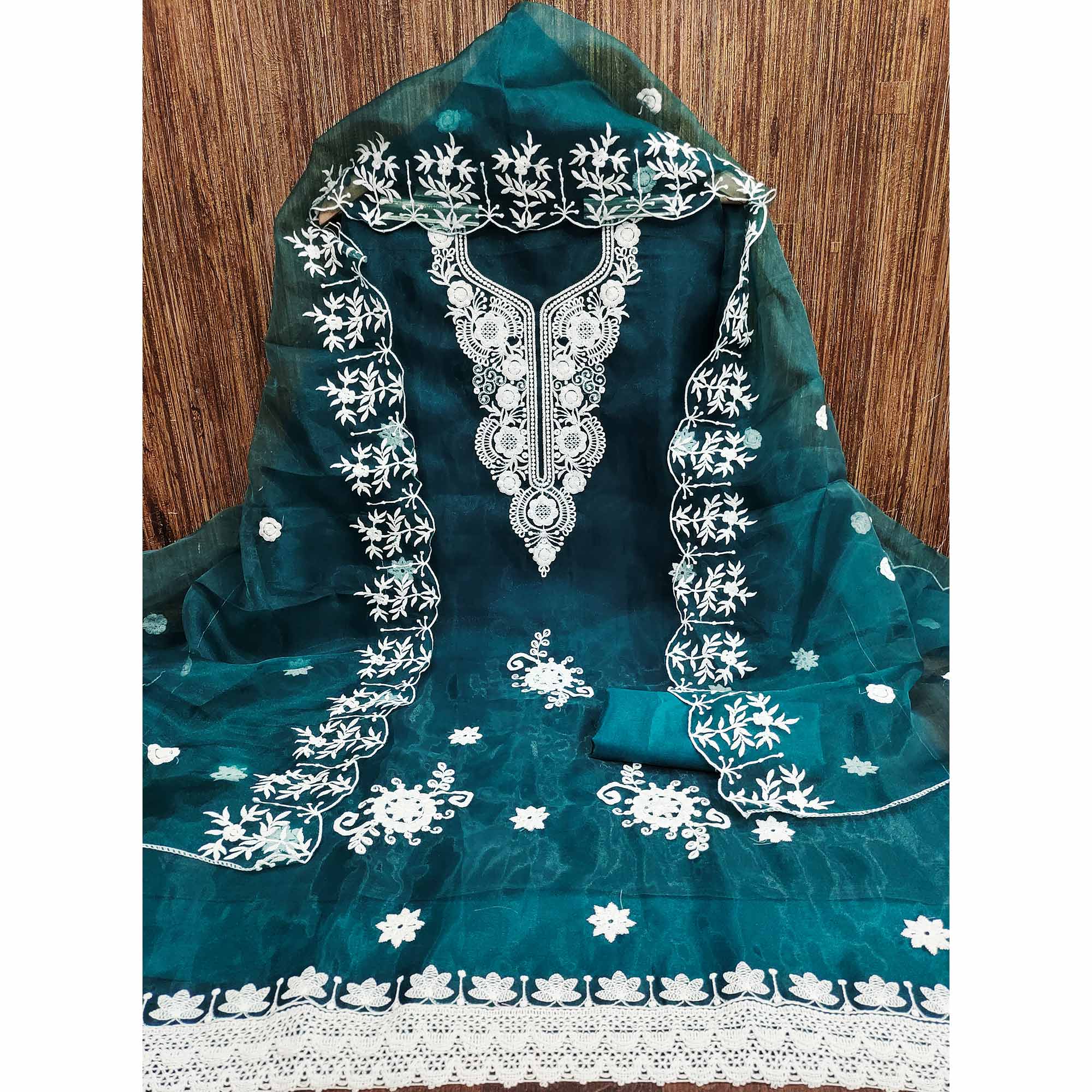 Teal Floral Embroidered Organza Dress Material