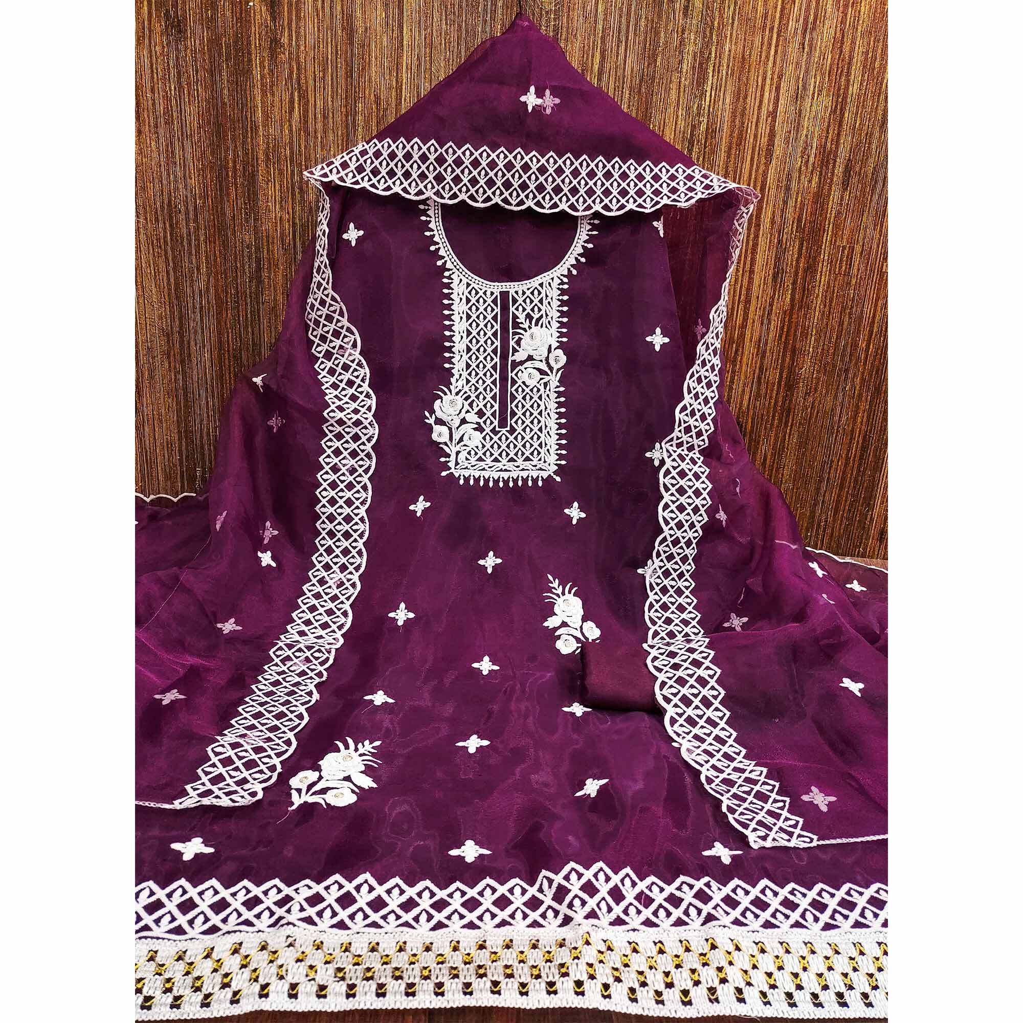 Purple Floral Embroidered Organza Dress Material