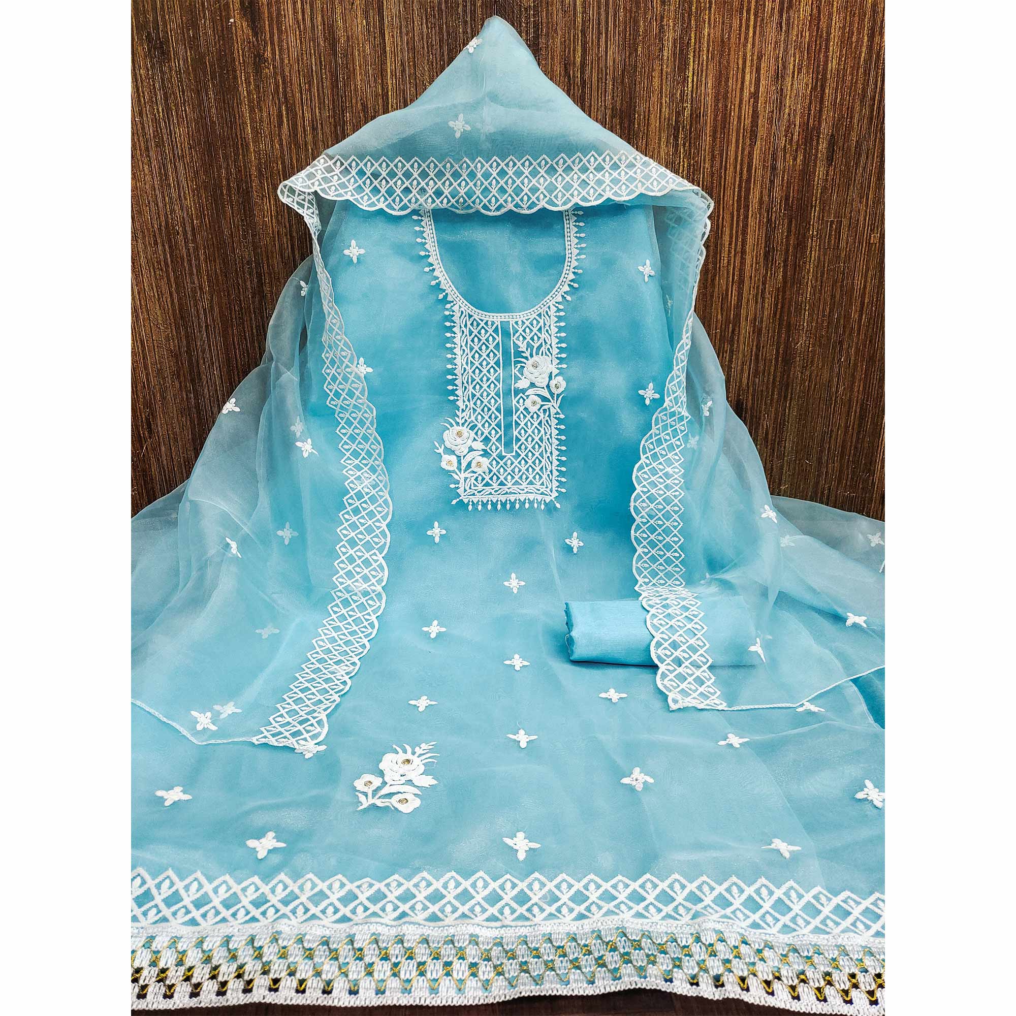 Sky Blue Floral Embroidered Organza Dress Material