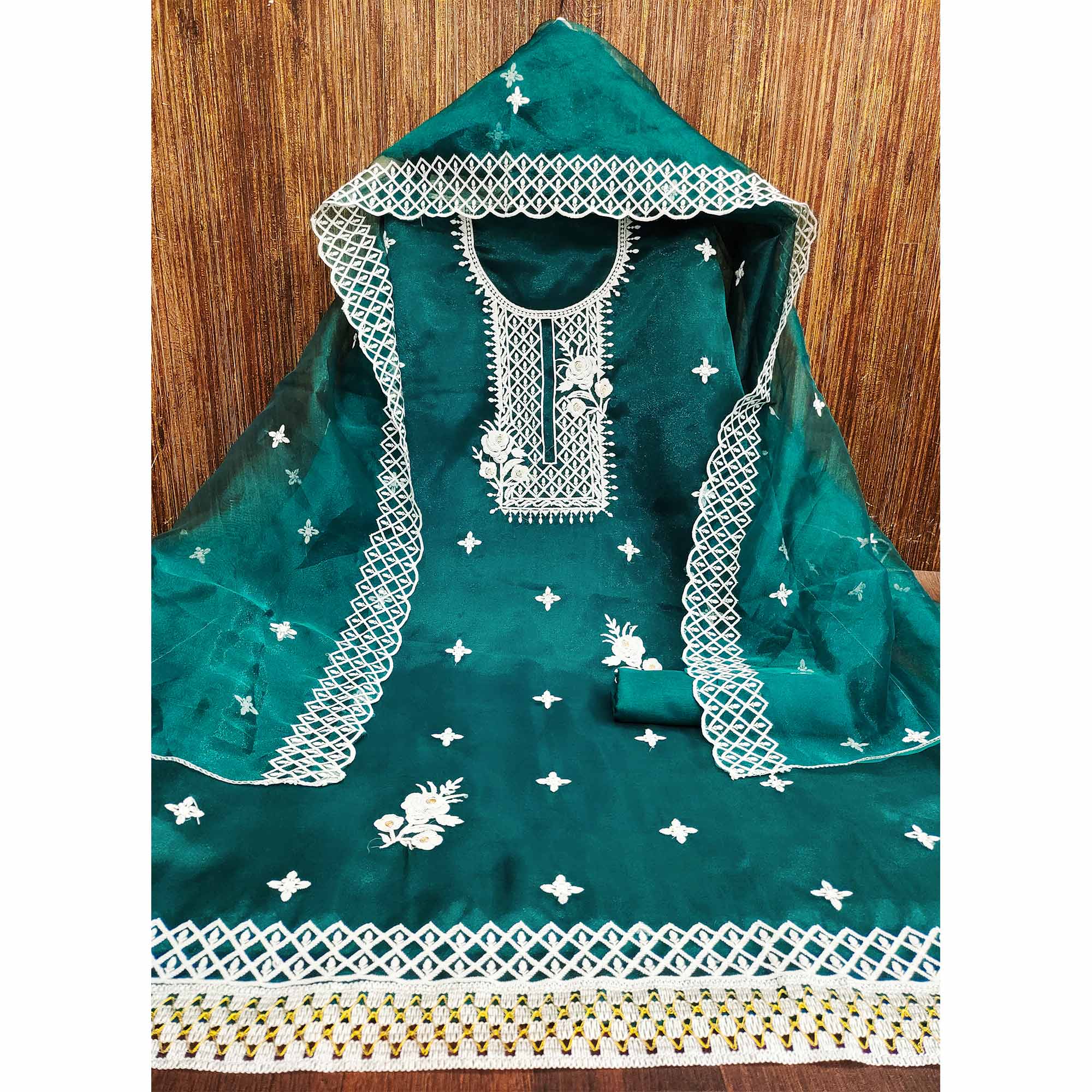 Teal Green Floral Embroidered Organza Dress Material