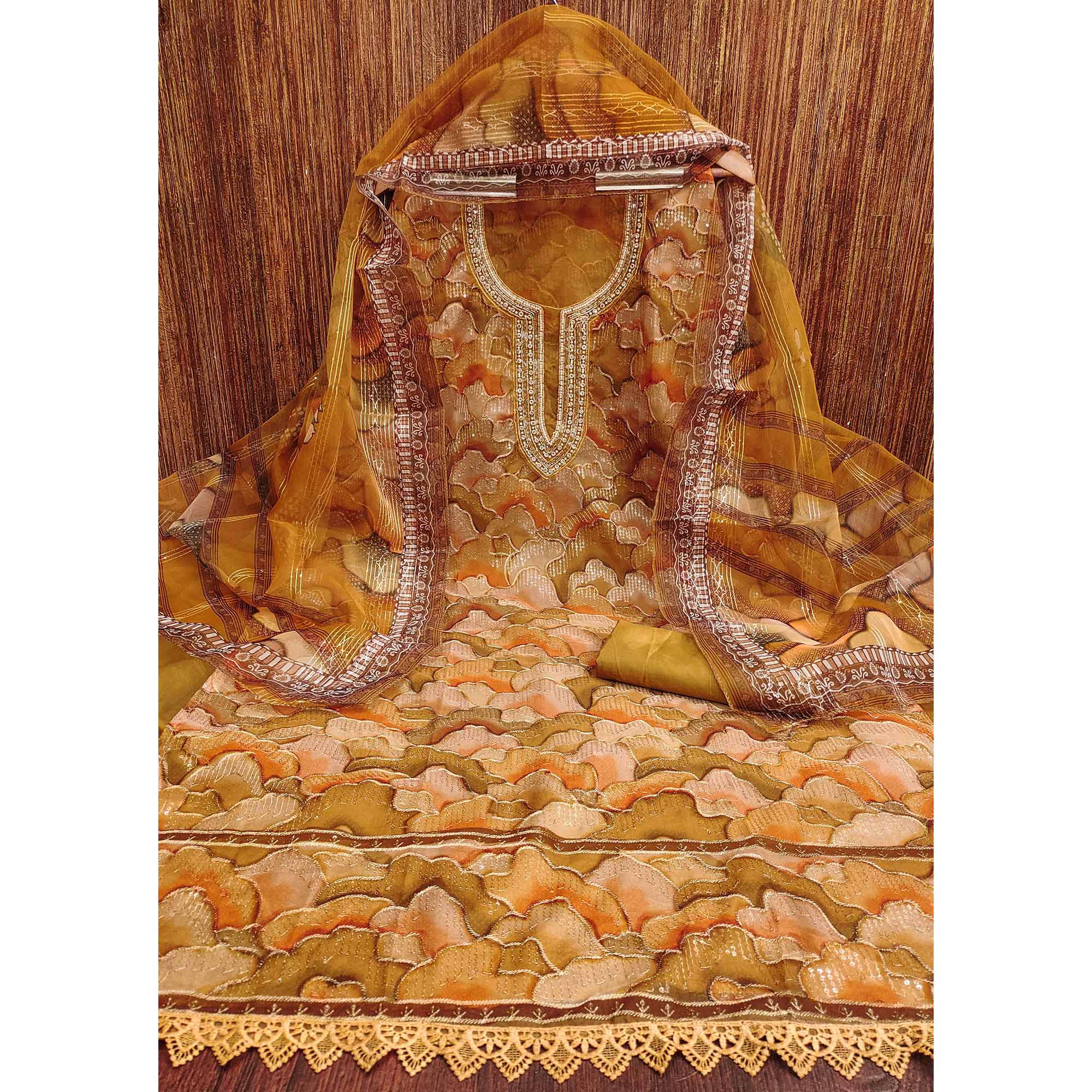 Mustard Sequins Embroidered Organza Dress Material