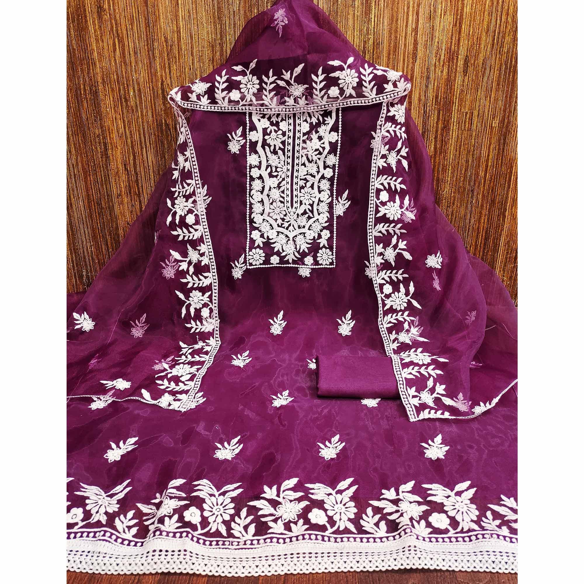 Purple Floral Embroidered Organza Dress Material