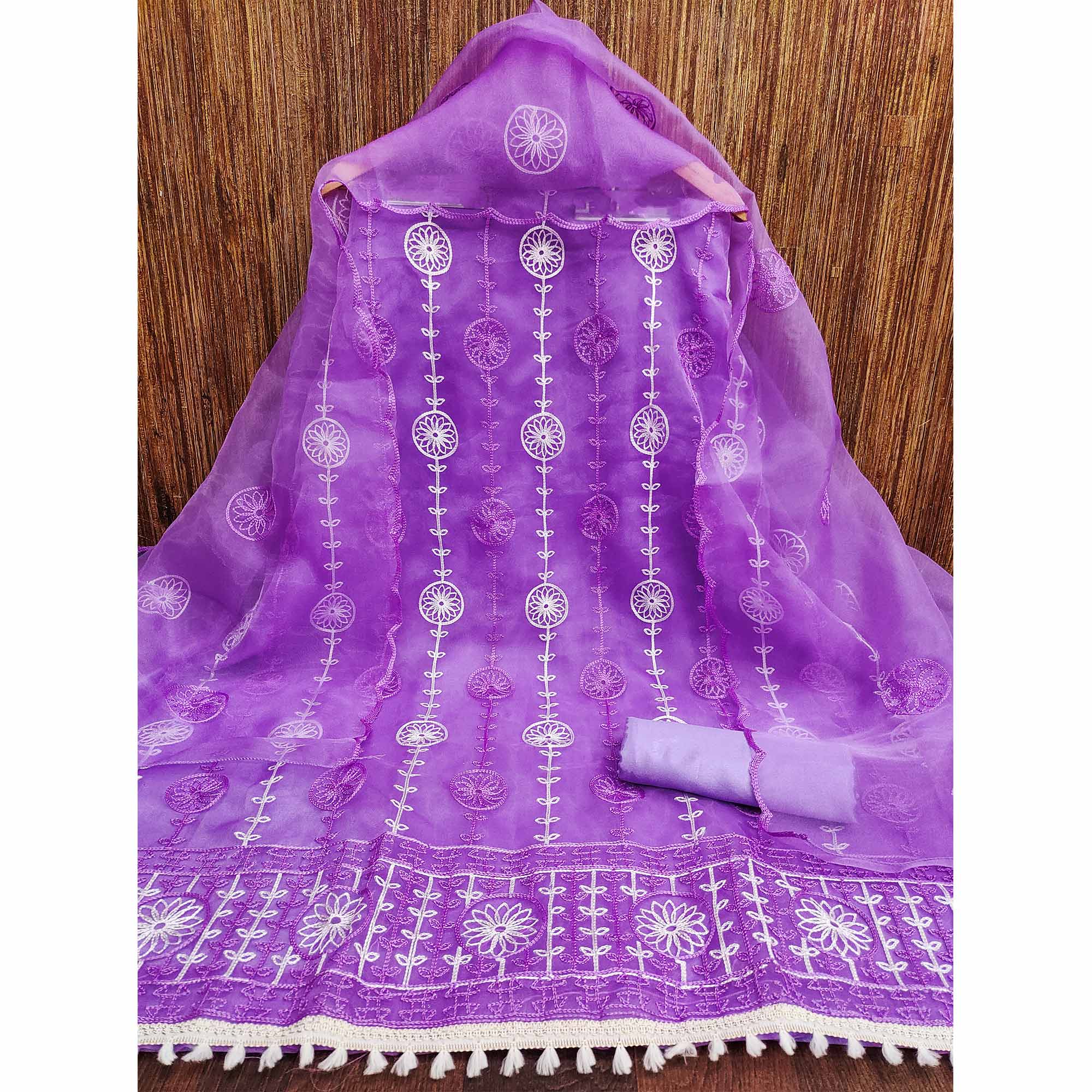 Purple Floral Embroidered Organza Dress Material