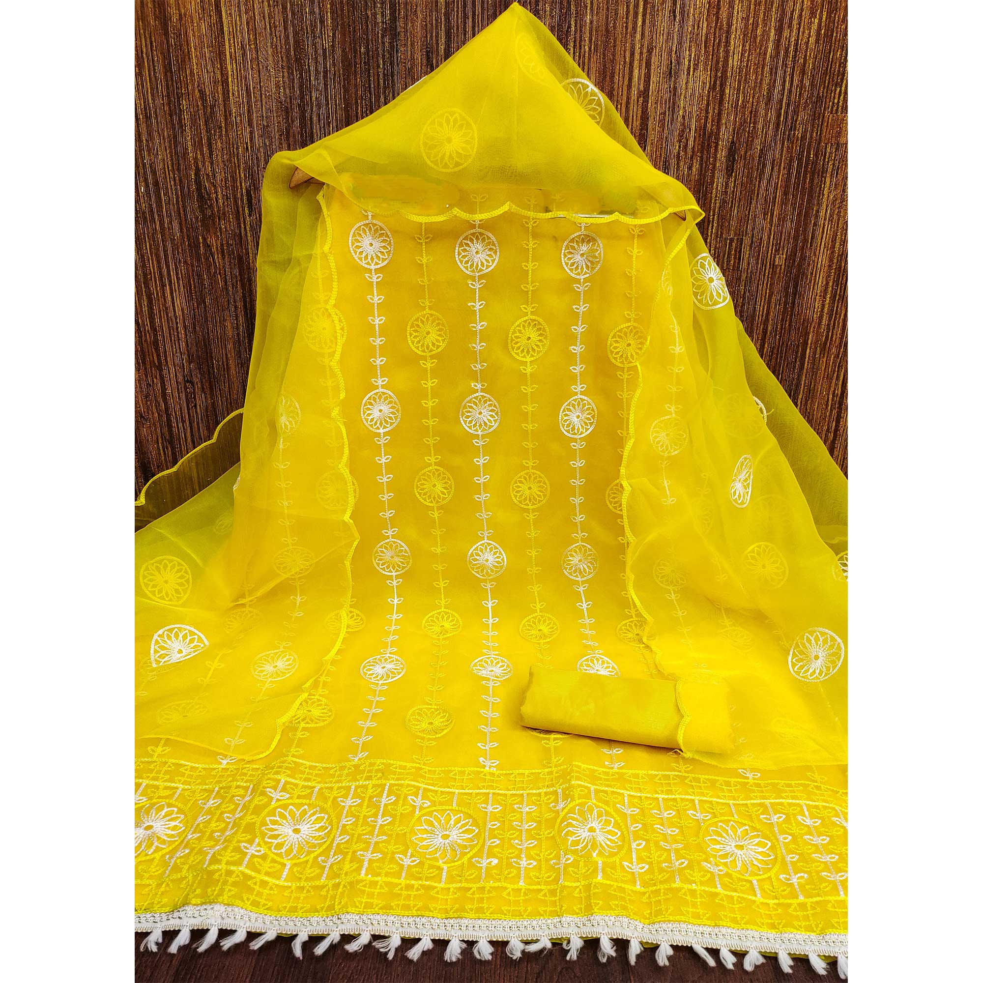 Yellow Floral Embroidered Organza Dress Material