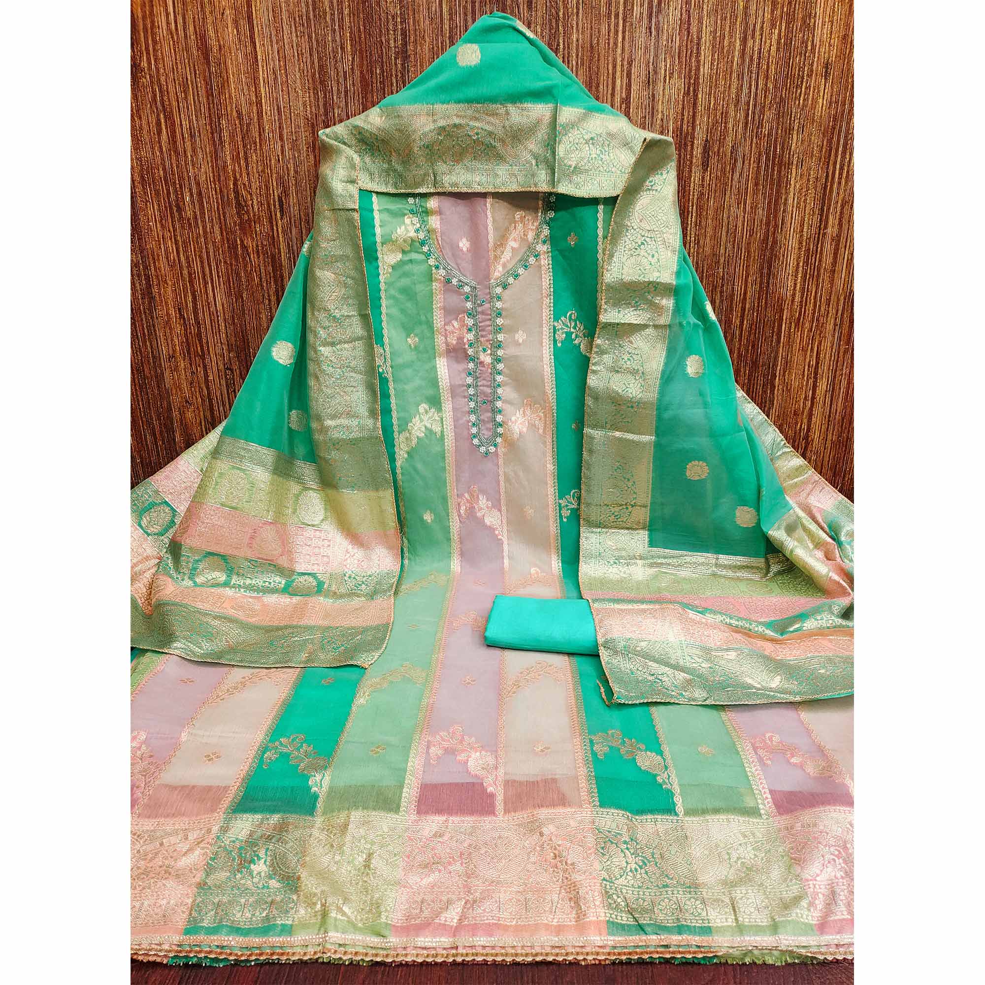 Turquoise Floral Woven With Hand Embroidered Jacquard Dress Material