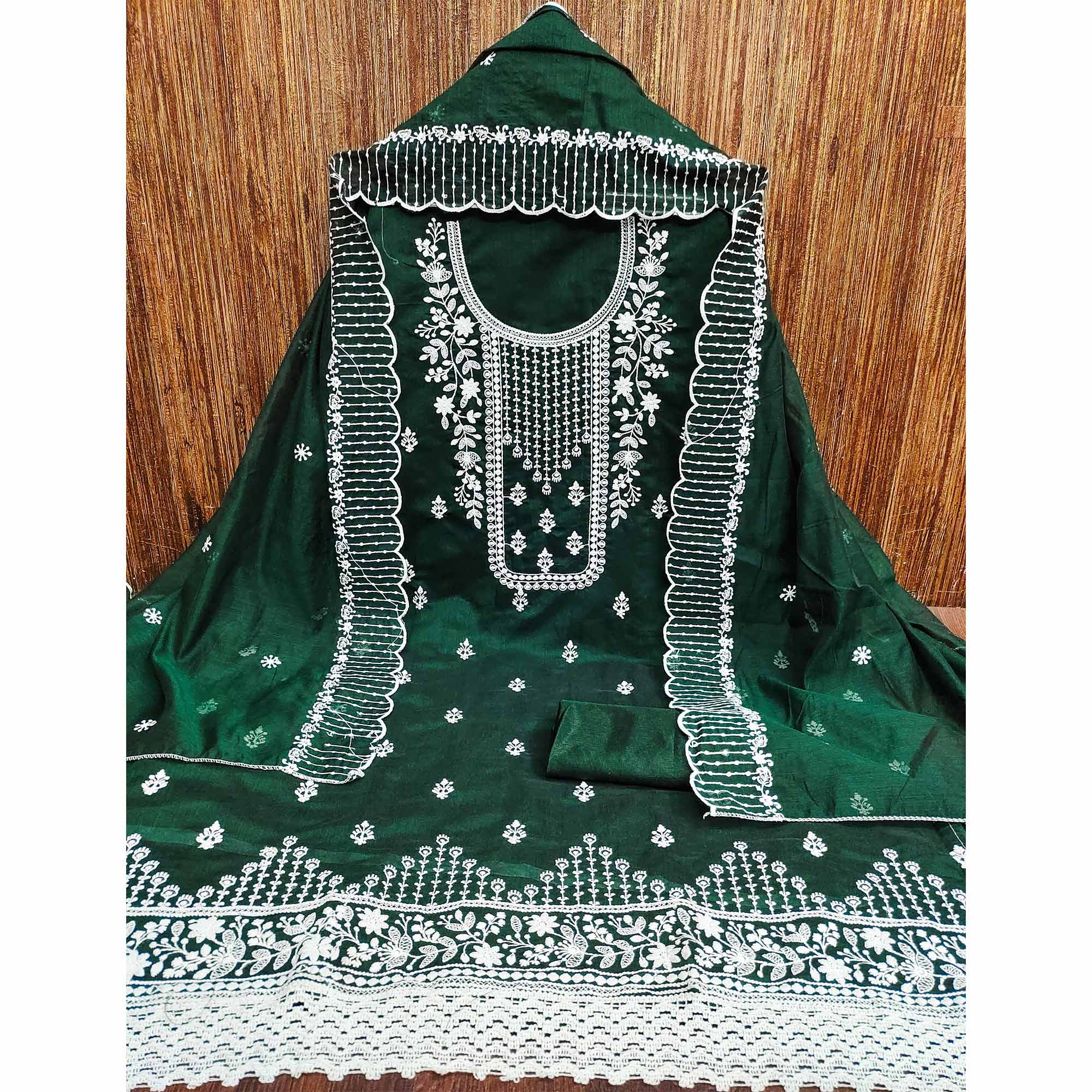 Green Floral Embroidered Chanderi Dress Material