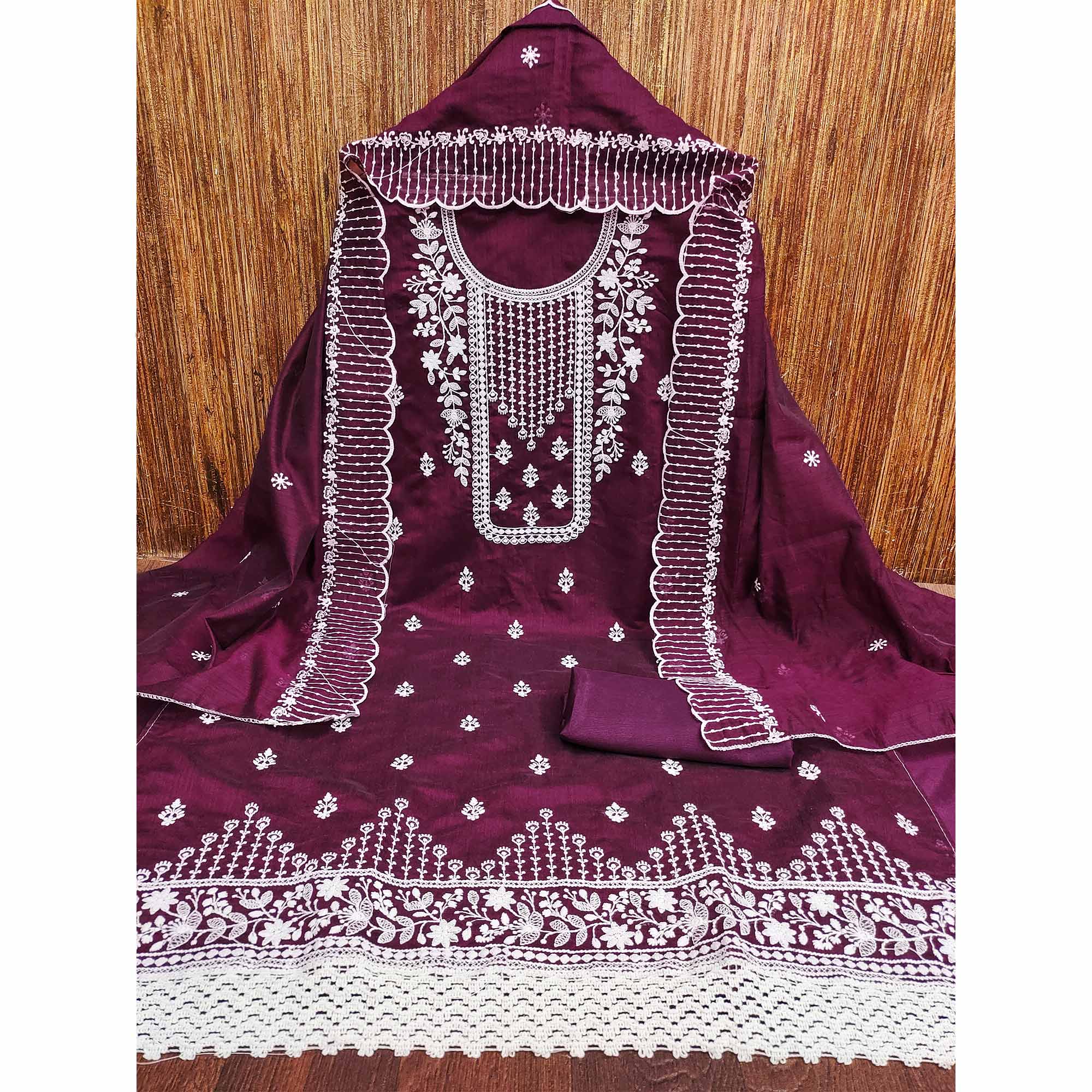 Purple Floral Embroidered Chanderi Dress Material