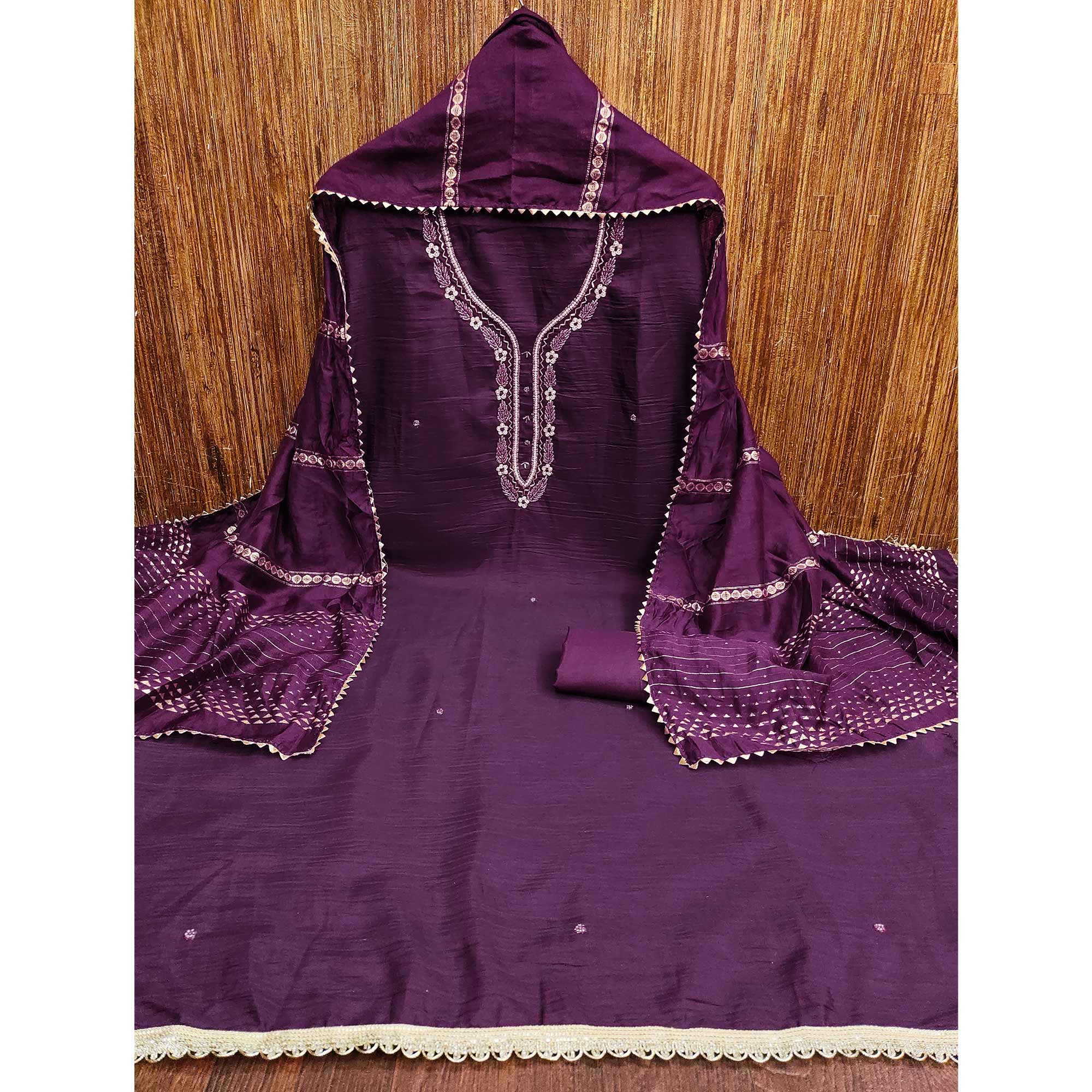 Wine Hand Embroidered Cotton Blend Dress Material