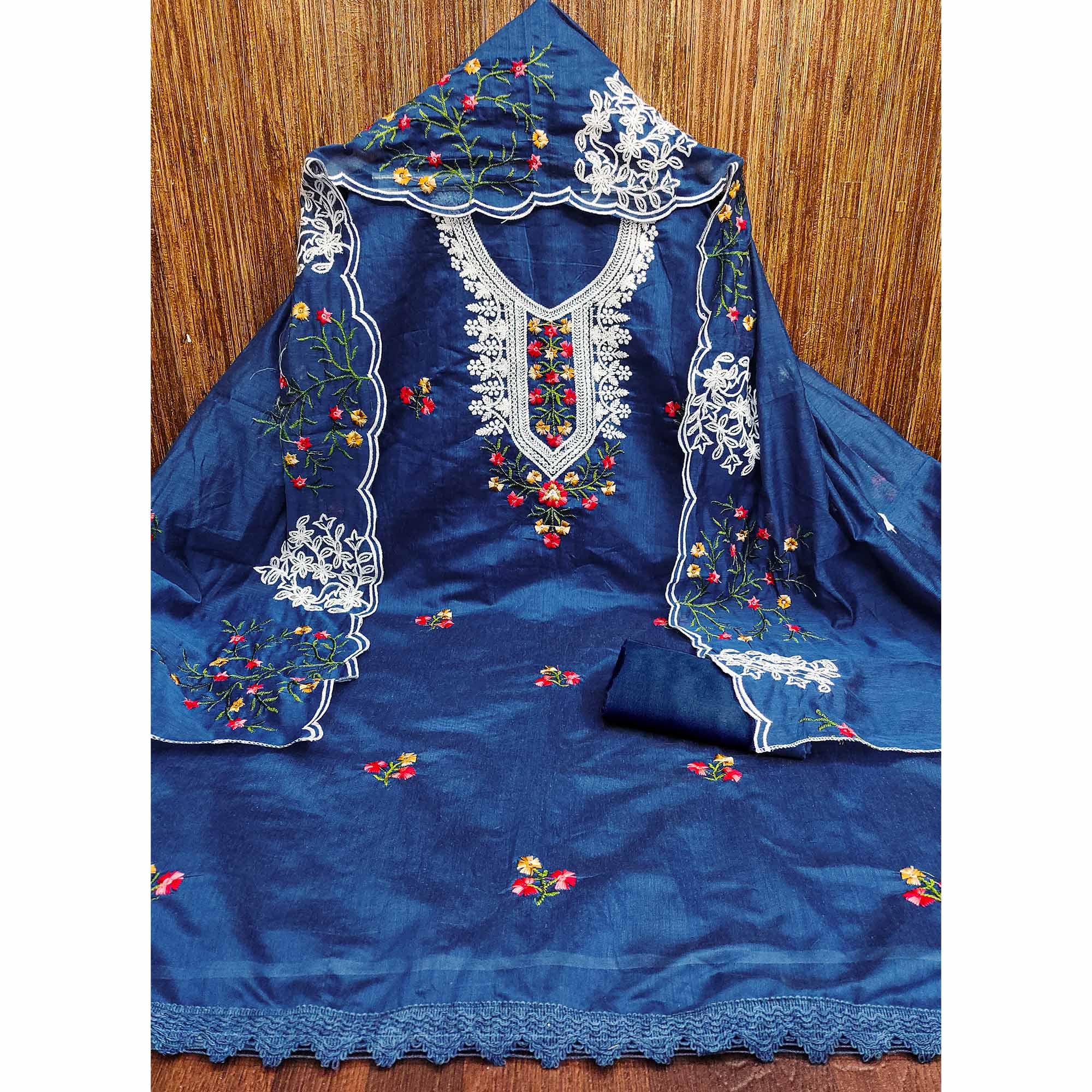 Blue Floral Sequins Embroidered Chanderi Cotton Dress Material