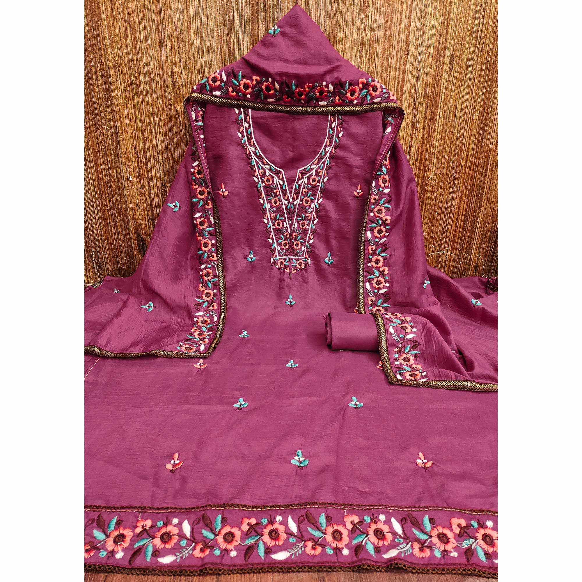 Pink Floral Embroidered Cotton Blend Dress Material