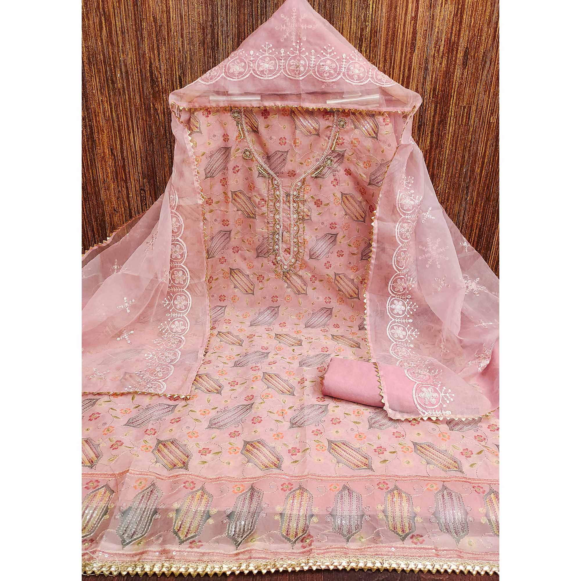 Pink Floral Embroidered With Handwork Organza Dress Material