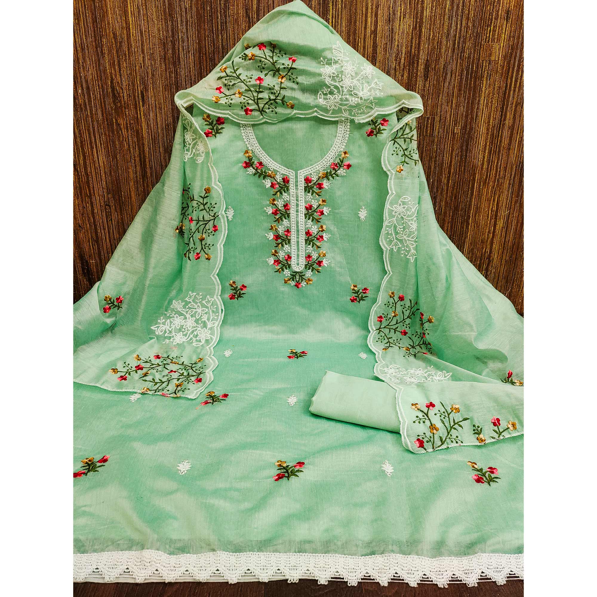 Sea Green Floral Embroidered Chanderi Cotton Dress Material