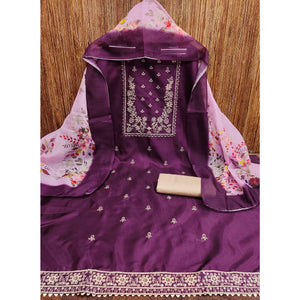 Wine Floral Sequins Embroidered Cotton Blend Dress Material
