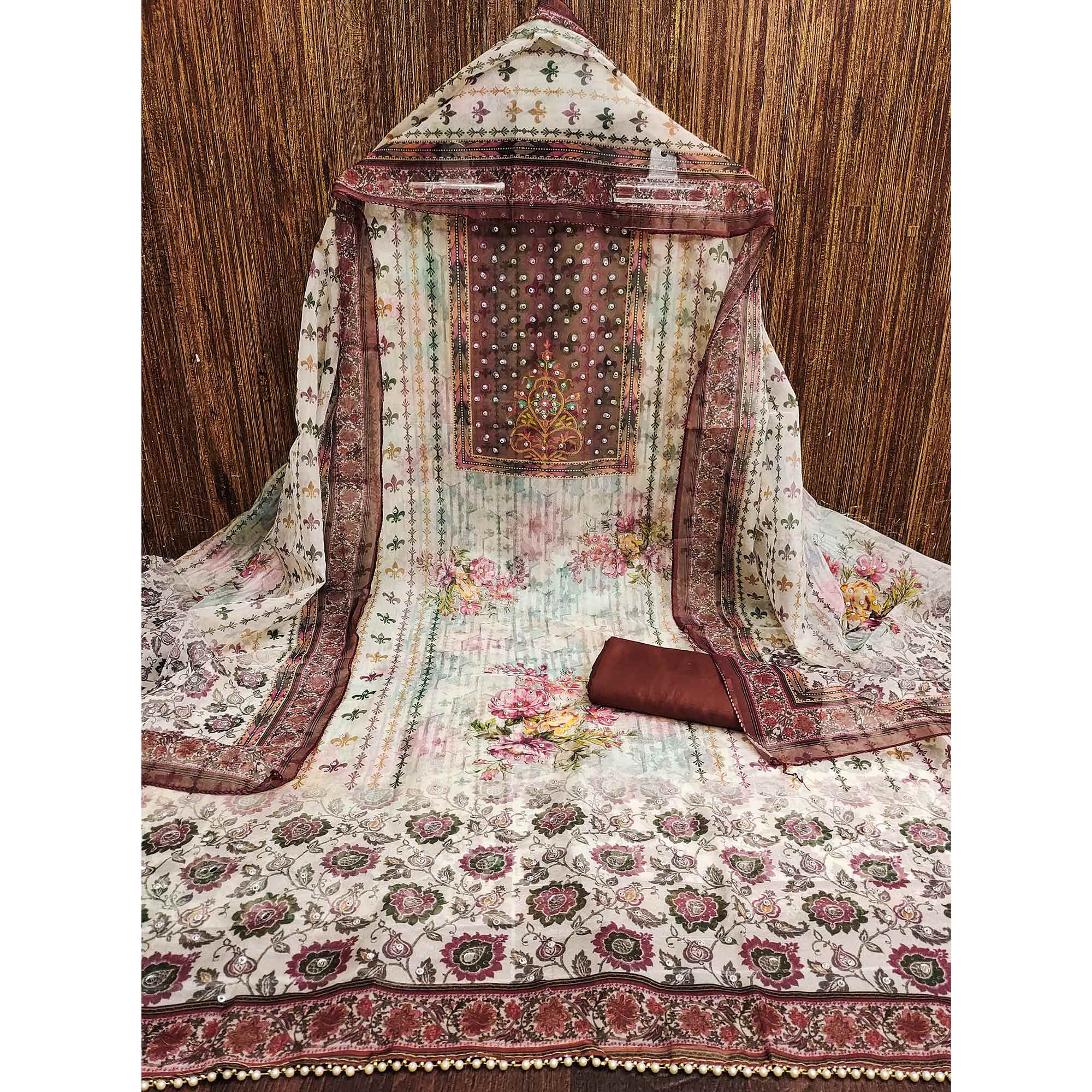 Dark Rust Floral Digital Printed With Diamond Work Organza Dress Material