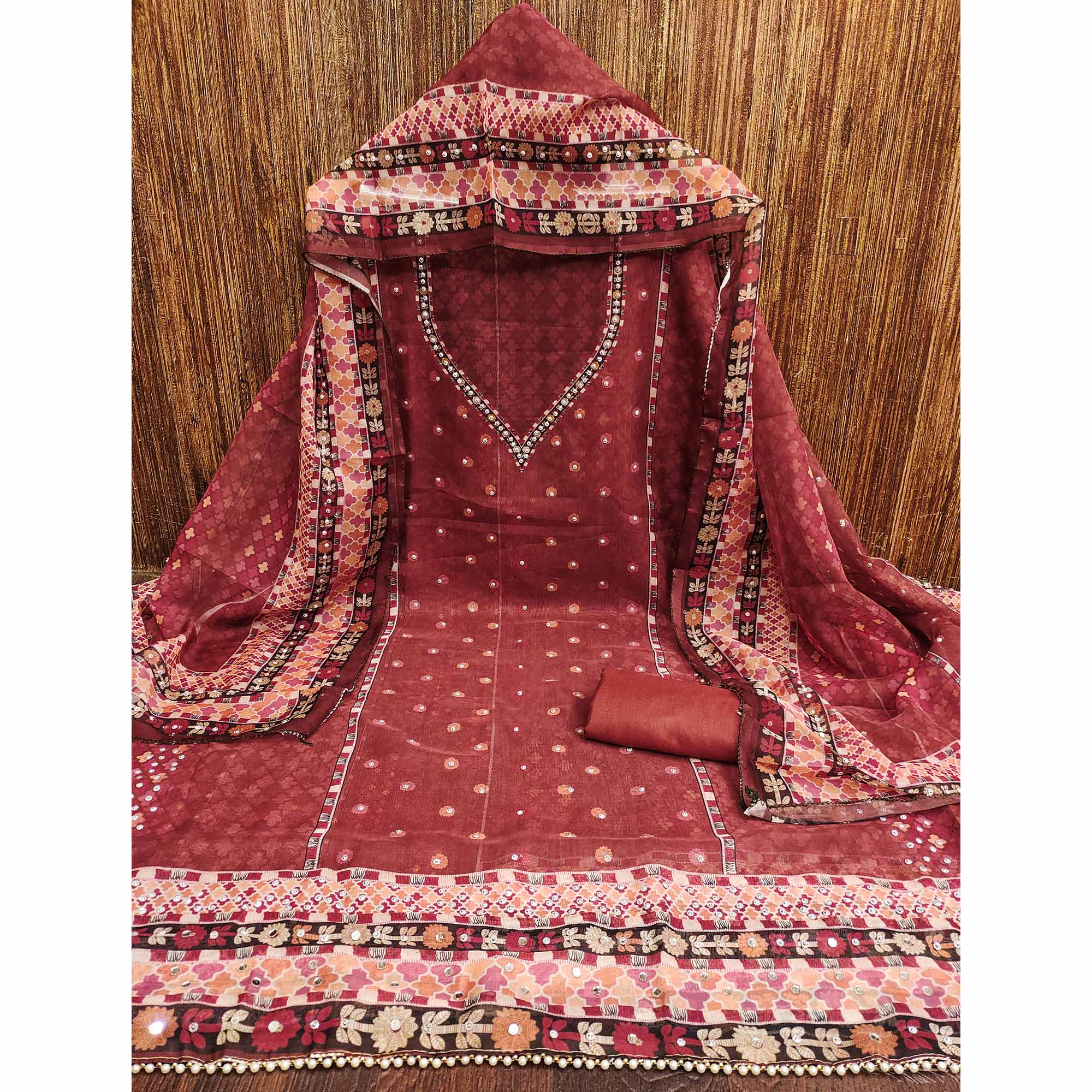 Maroon Floral Digital Printed With Diamond Work Organza Dress Material