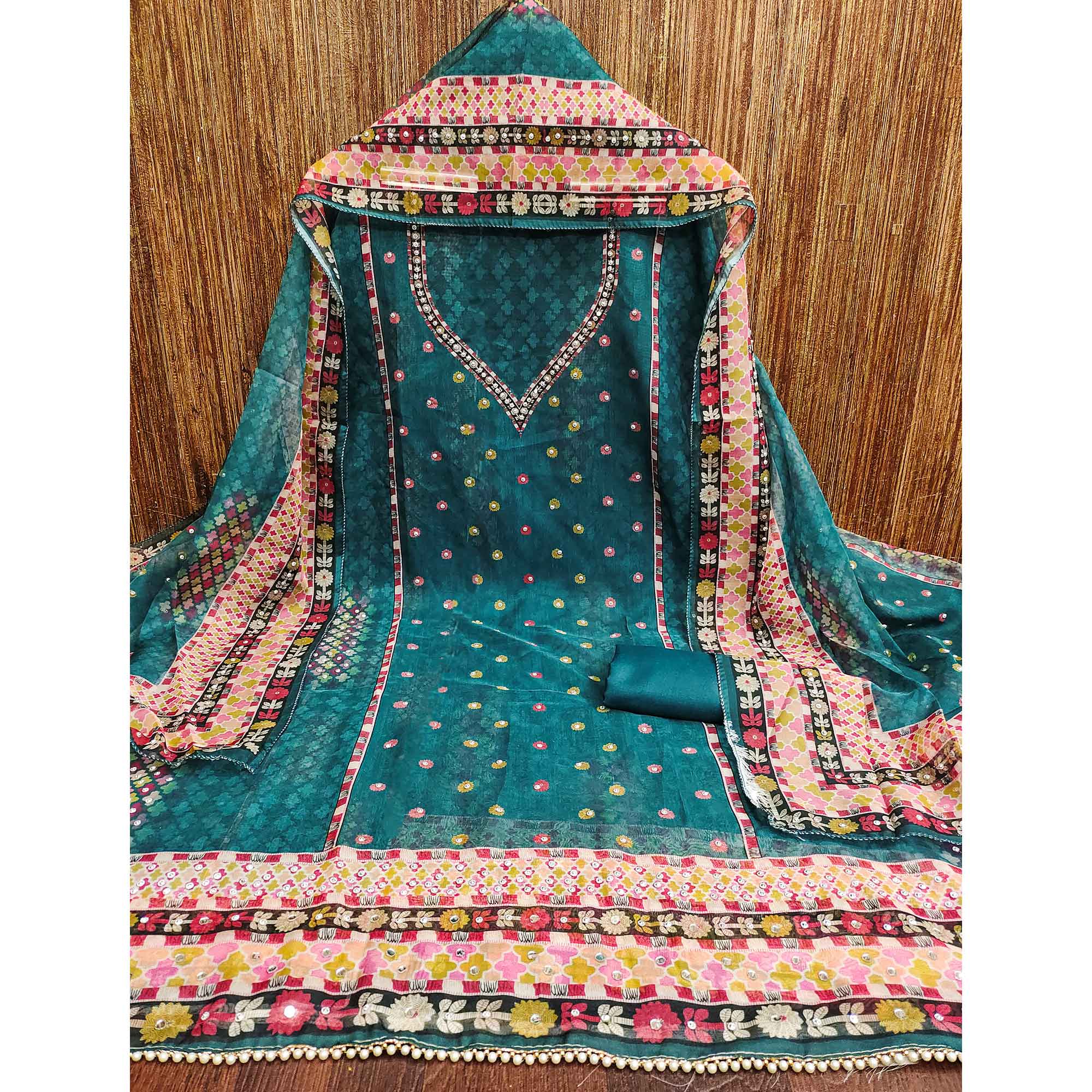 Teal Floral Digital Printed With Diamond Work Organza Dress Material