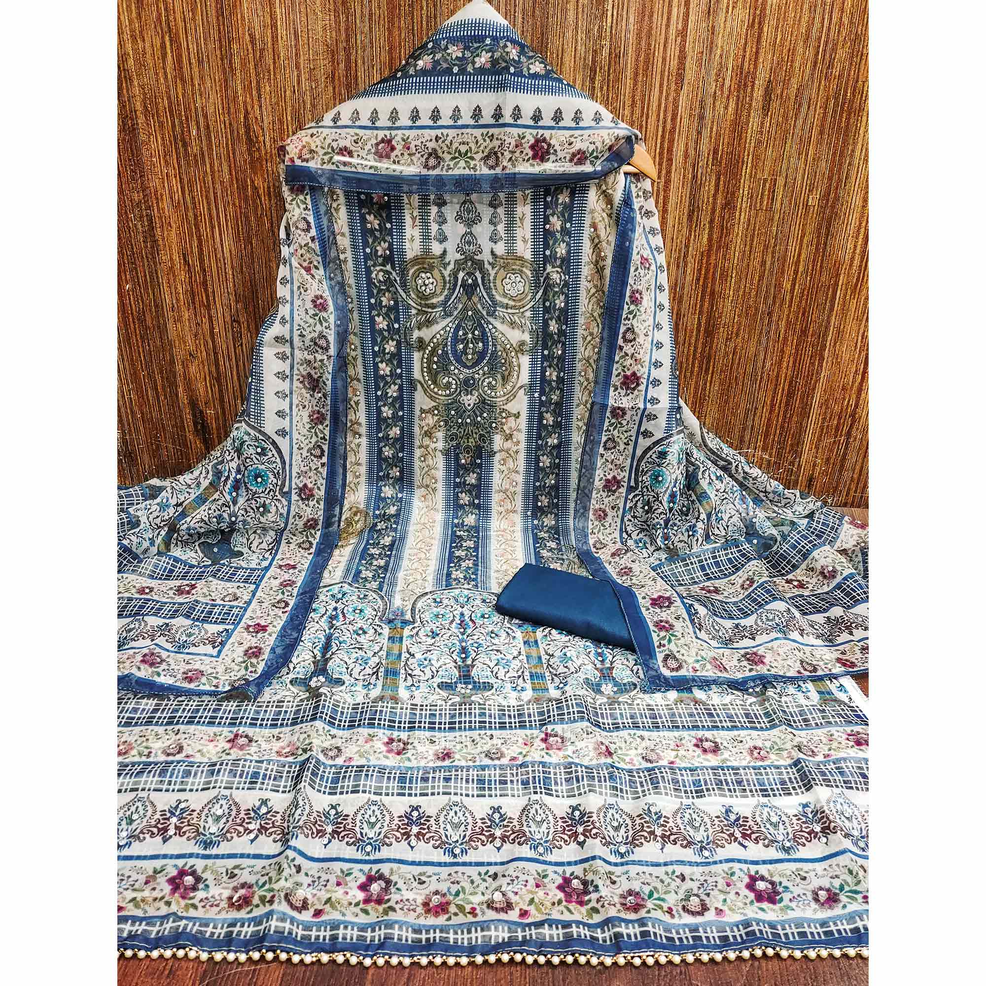 Blue Floral Digital Printed With Diamond Work Organza Dress Material